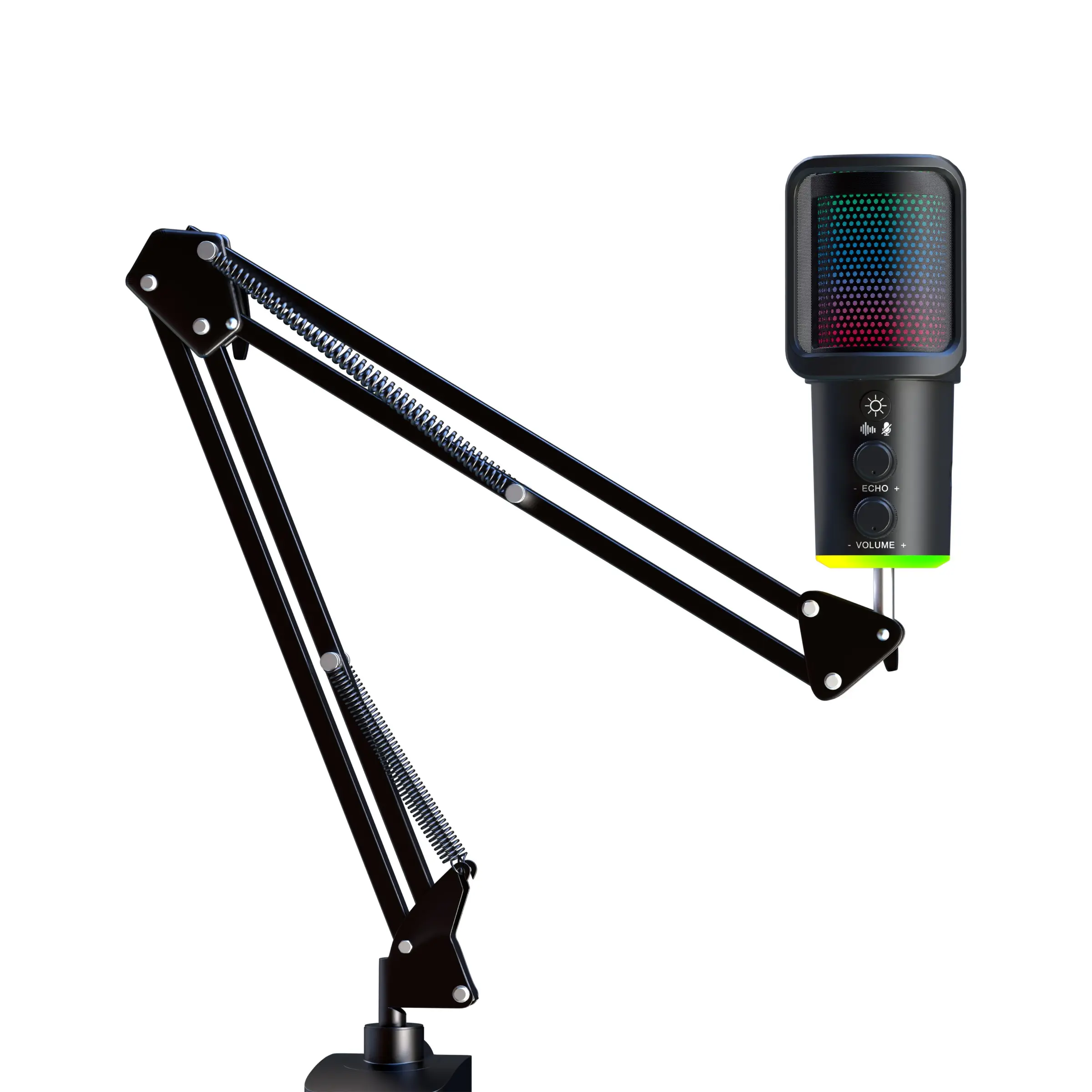Plug and play condenser microphone, heart-shaped pickup+noise reduction and reverberation, colorful flowing light RGB, with real-time monitoring hole and shock absorber suspension arm, making your game black/live dubbing sound as clear as a radio station
