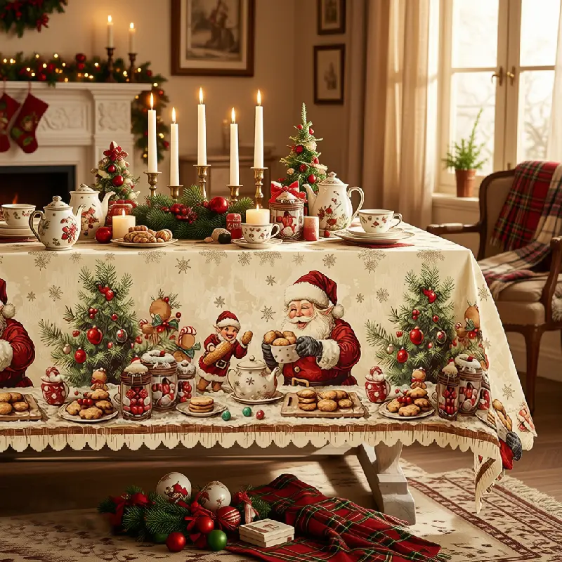 Santa Theme Christmas Baking & Gingerbread Cookie Printed Polyester Tablecloth - Holiday Decorations, Table Protection, Machine Washable, Multi-Size, Clearance Sale for Dining Kitchen