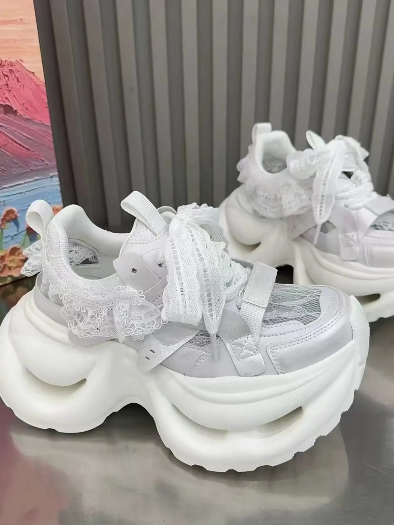 Women's Lace Mesh Chunky Sneakers, Casual Thick Soled, Pastel Color Platform Dad Shoes, Breathable Comfortable Leg-Lengthening Trainers, Casual Street Style Sneakers, Y2K Shoes for Daily & Music Festival, Casual Breathable Footwear