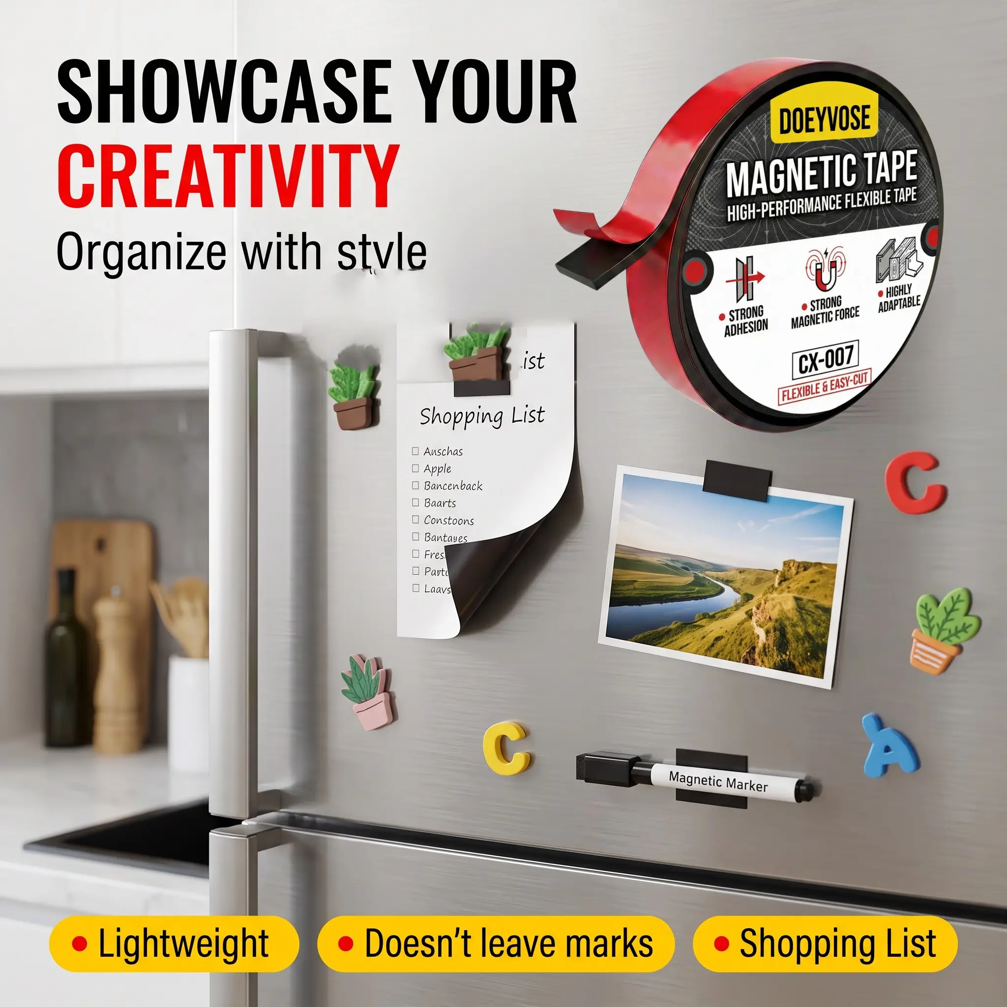 Doeyvose Self-Adhesive Magnetic Tape, Strong Magnetism for Whiteboard, Flexible and Easy to Tear, Waterproof and Reusable, Office Bulletin Board Sticker