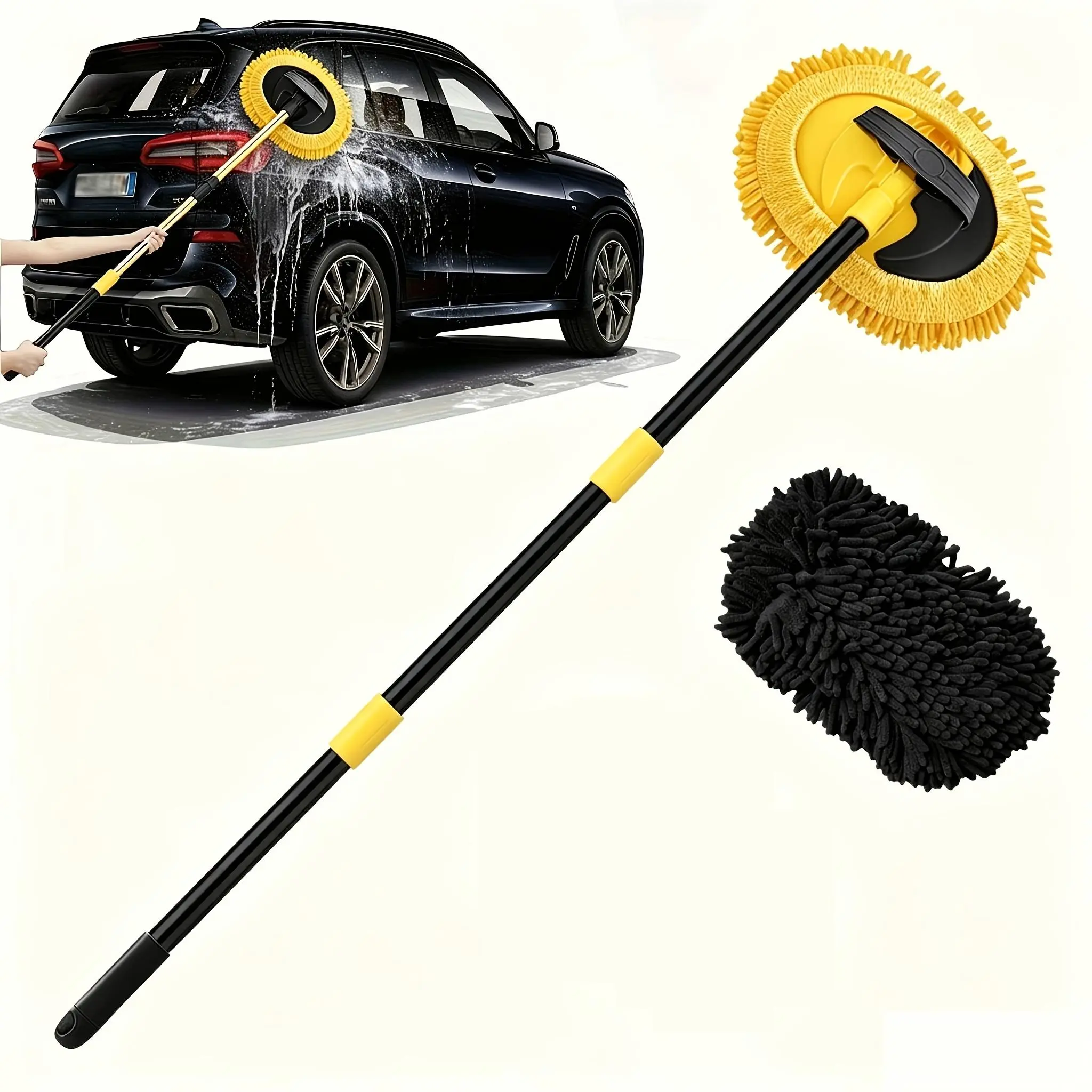 PP-Microfiber 45-inch Long Handle Car Wash Mop-non-scratch Cleaning Tool for Cars, Trucks, SUVs, RVs, Boats, Including Chenille Sponge Dust Brush, Including One Mop And Black Replacement Head