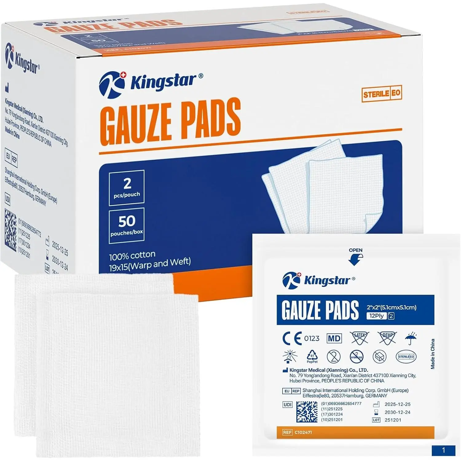 100Pcs Sterile 100% Cotton Square Gauze Pads - 2x2in 12-Ply, Highly Absorbent, Individually Packaged, Hospital-Grade First Aid Wound Care Dressings with Multi-Size Fit