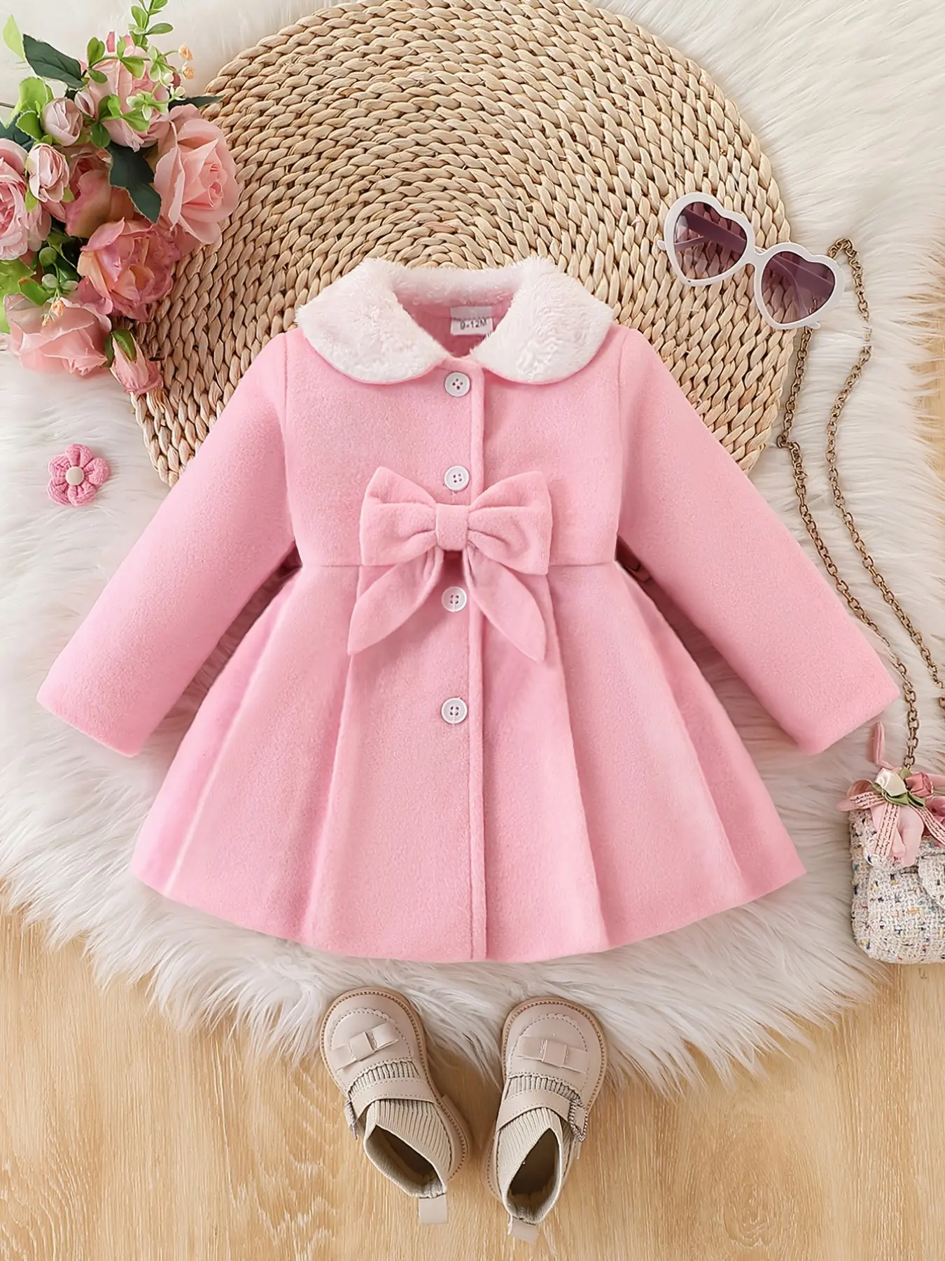 Baby Girl Fall Winter Fleece Lined Thick Fur Collar Coat, Solid Color Bow Baby Warm Top, Infant Outerwear for Cold Weather, Baby Girl Clothes, Baby Clothing