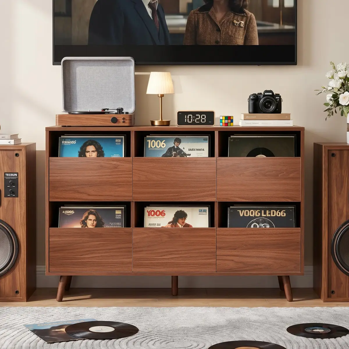 [Bellemave] 44.1" Large Record Player Stand, Mid Century Turntable Stand,Vintage Player Table with Spacious Storage, Vinyl Record Holder for Bedroom Living Room, Walnut