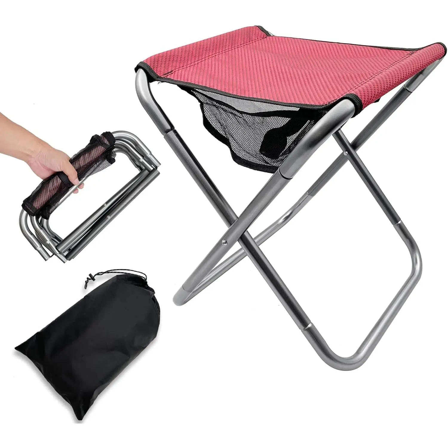 Folding camping stool, high portable folding stool, lightweight aluminum alloy stool, red foldable stool, comes with a carrying bag, suitable for fishing, outdoor camping, hiking, and barbecuing
