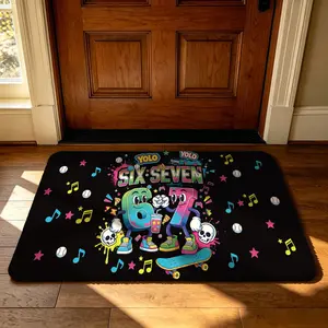 A rectangular cartoon number 67 YOLO slogan entry-way mat with a patterned design, featuring a soft, machine-washable carpet-like surface and anti-slip felt and silicone edges. Suitable for use as a dirt-resistant mat at the entrance, in bedrooms,