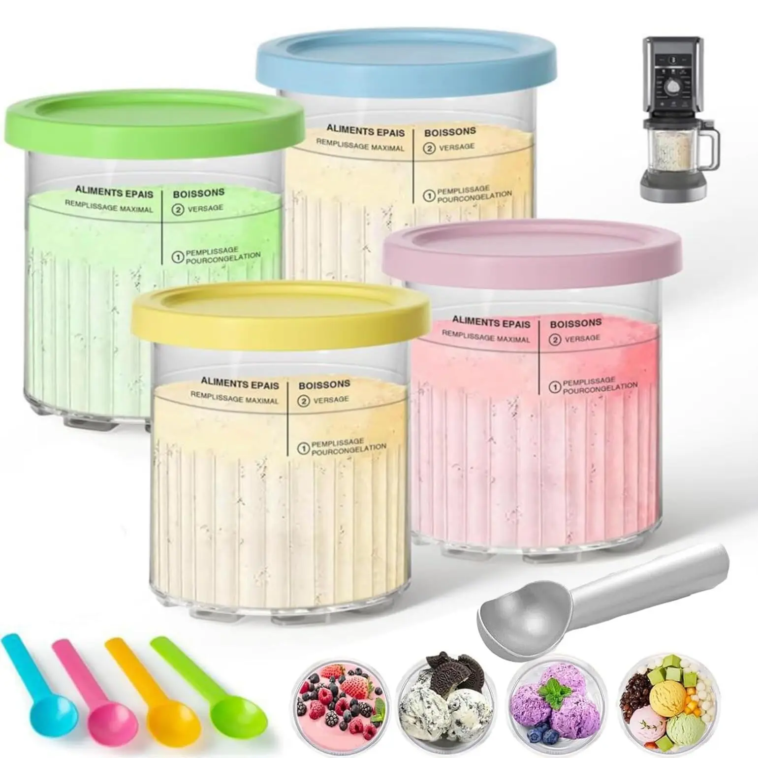 4 Pcs Ribbed Ice Cream Cup, 24-ounce Replacement Cup, Frozen Dessert Cup, Kitchen Gadgets, Compatible with Ninja Creami Deluxe Pint-Size Mixing Cups and Lids, Compatible with the NC500 Series, Ice Cream Maker Accessories, Home
