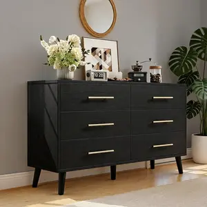 Modern Wood 6 Drawer Dresser with Sturdy Metal Frame, Anti-Tip Safety Design Large Capacity Chest of Drawers, Multifunctional Storage Cabinet Organizer for Bedroom Living Room Hallway Apartment Clothes Storage Furniture