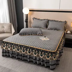 3pcs Lace Bed Skirt Set, Includes 1 Bed Skirt & 2 Pillowcases, Thick Quilted Mattress Protector, Decorative Bedding, All Seasons, Multiple Sizes