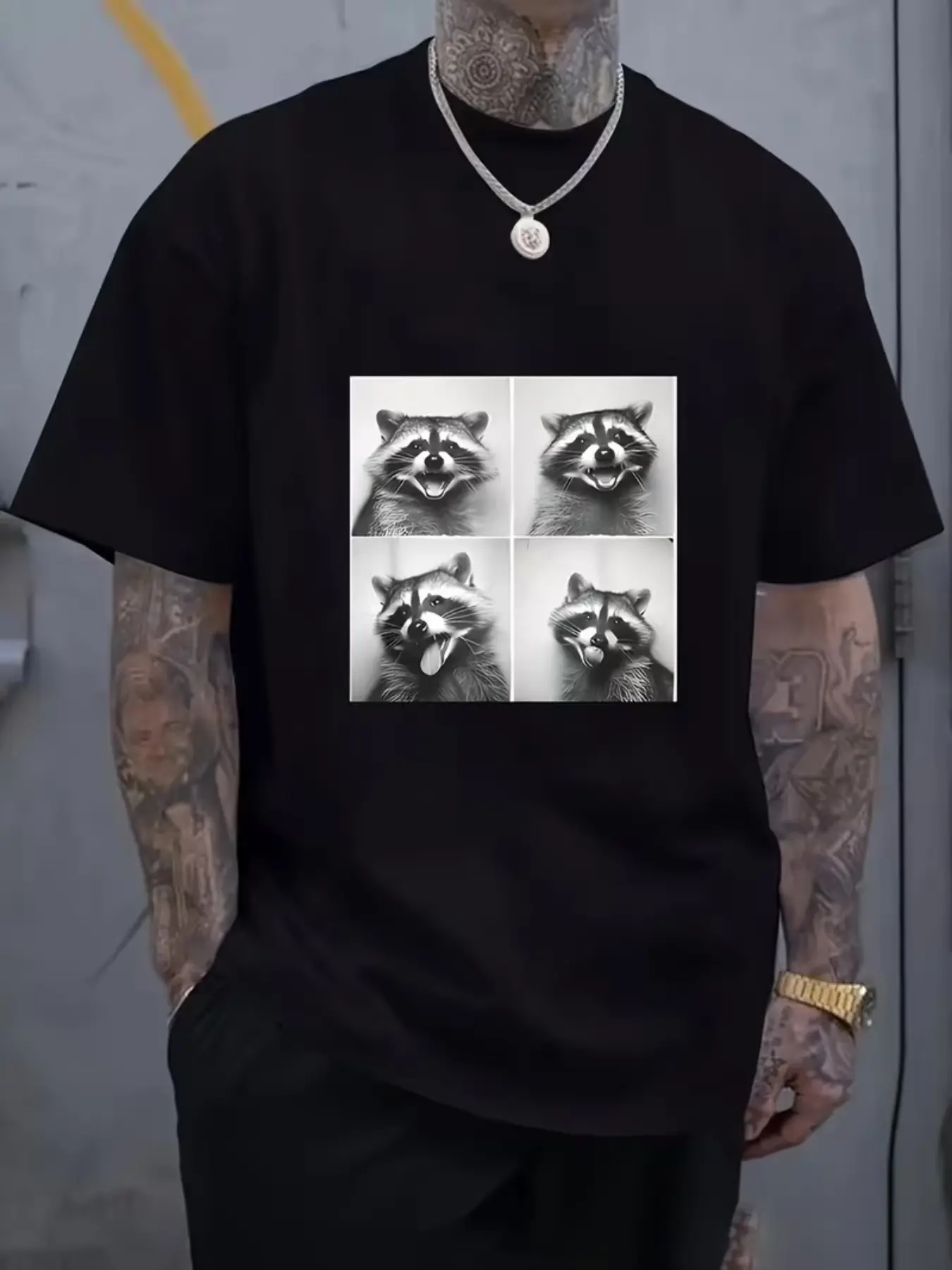 American Vintage Four-Panel Funny Raccoon Print Short Sleeve T-Shirt, Unisex Loose Fit Round Neck Crop Top, Casual Washed Design