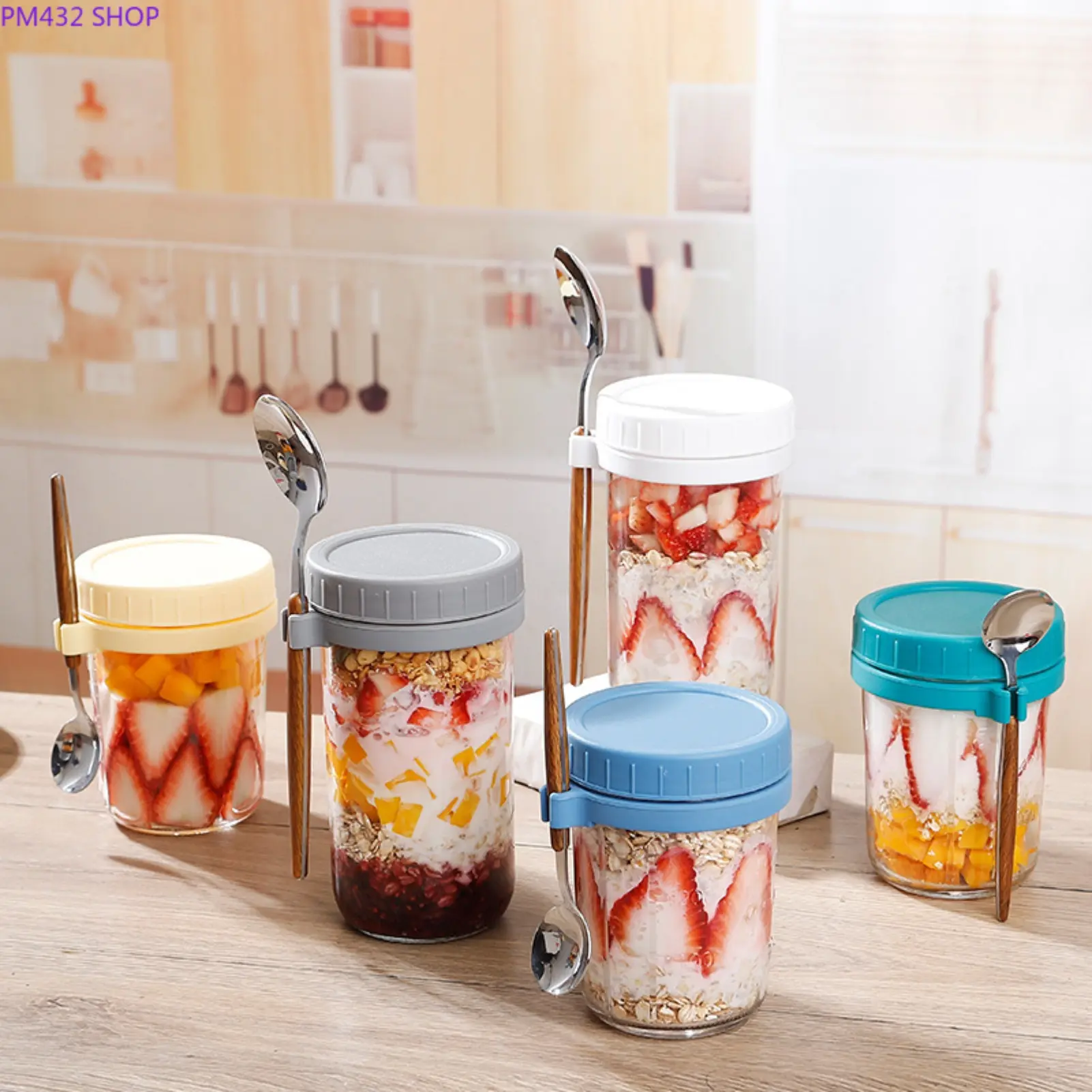 Overnight Oats Glass Food Container with Lid and Spoon - Mason Food Storage Jar for Breakfast, Yogurt, Salad Prep, Reusable On-the-Go Meal Cup