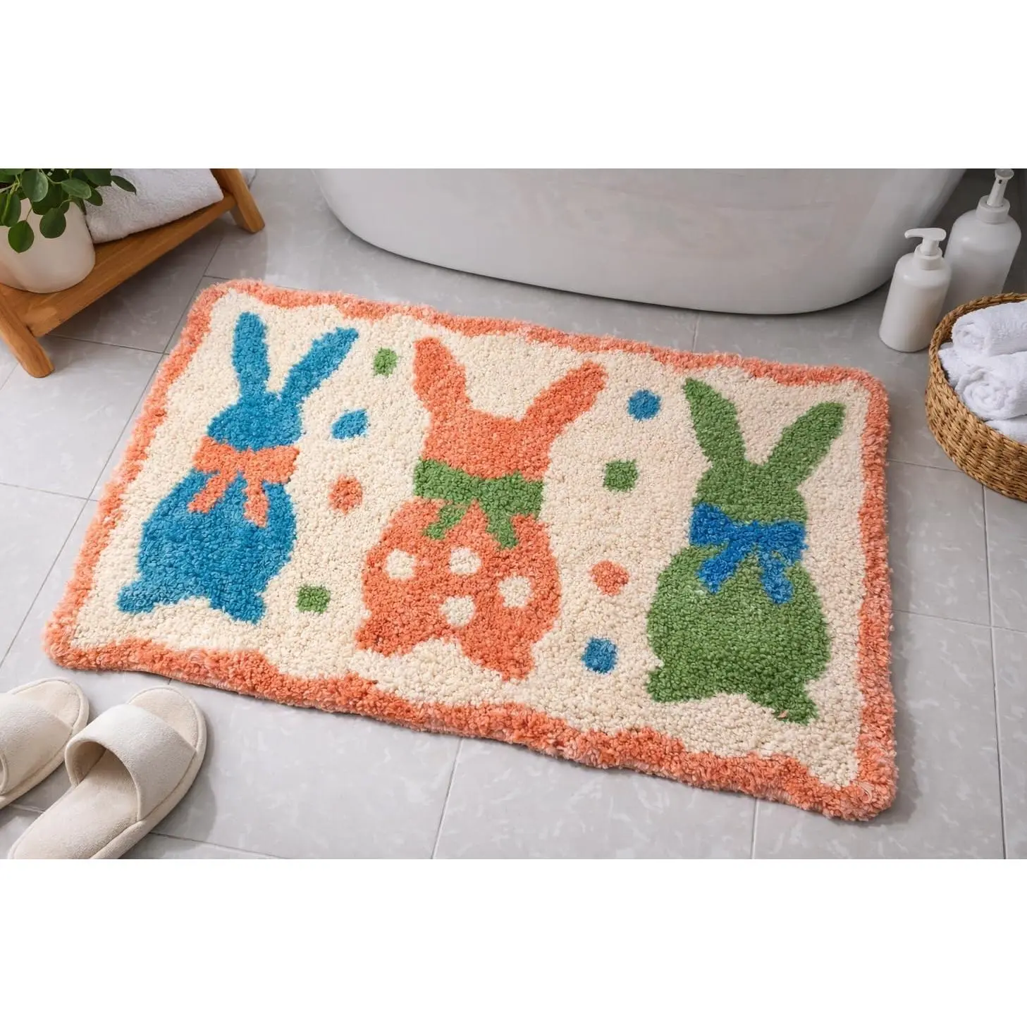 Easter Bunny Rug 18x28 Inch, Non Slip Washable Bathroom Rug, Cute Spring Indoor Floor Mat for Kitchen, Living Room,  Easter Decor