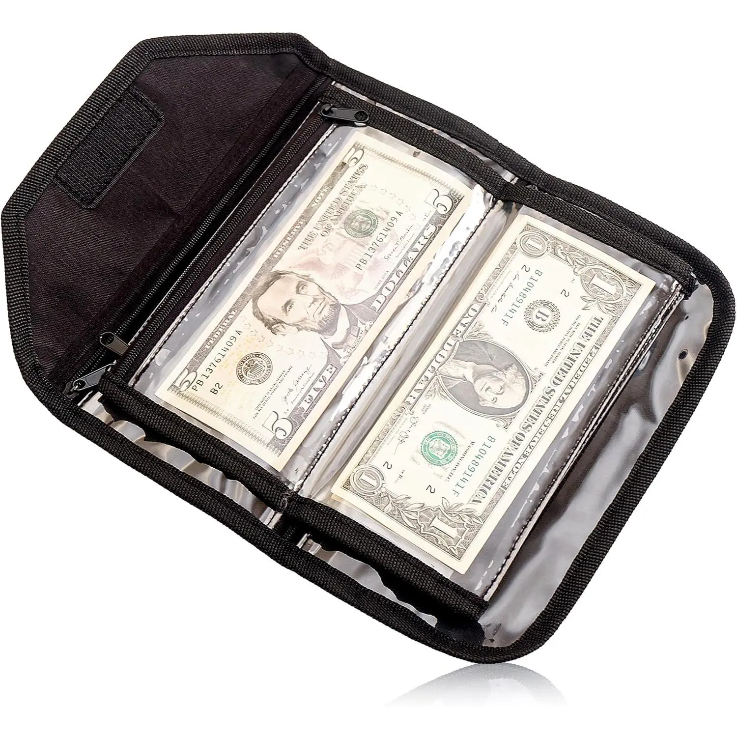 Wallet Organizer - 6 Zippered Pouch ,  Envelopes for Budgeting and Savings (Black)