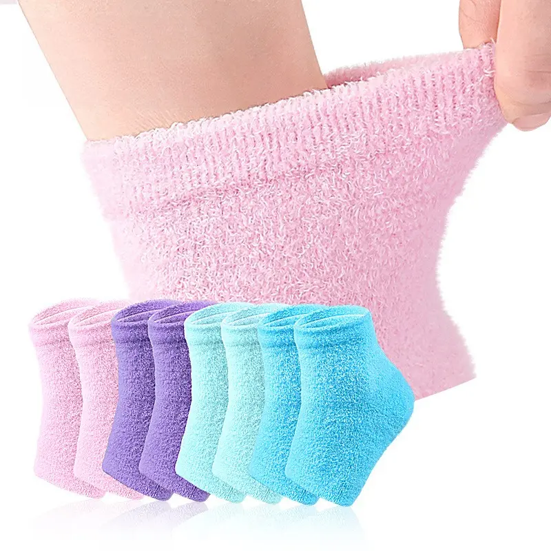 Moisturizing socks for cracked heels; comfortable gel-lined spa socks that moisturize and soften dry feet; open-toe moisturizing sleep socks.