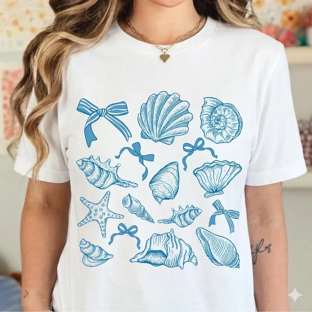 Seashell Coquette  Summer Beach   Shirt, Summer Shirt, Trendy Seashell  Coquette  shirt, Seashell doodle girly
