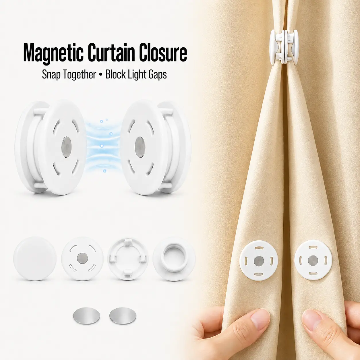Magnetic Curtain Closure Clips with Metal Plates, No-Drill Curtain Gap Sealer, Damage-Free Light Blocking Curtain Magnets for Bedroom, Living Room & Blackout Curtains-YY