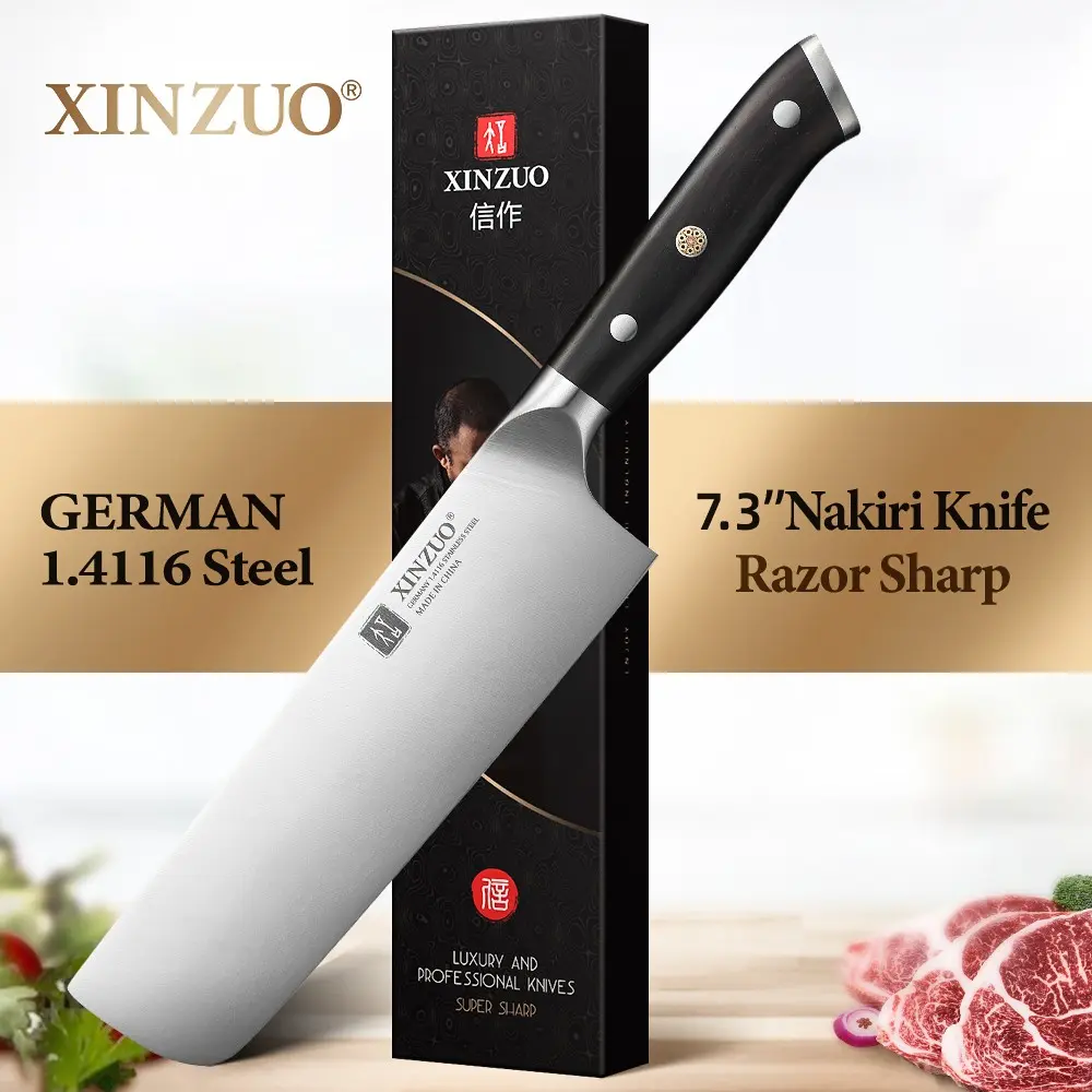 XINZUO High-Quality 7.3-Inch Nakiri Knife, Made From German 1.4116 Molybdenum Vanadium Steel Nakiri Knife, Natural Ebony Wood Handle, Ideal for Kitchen Food Prep
