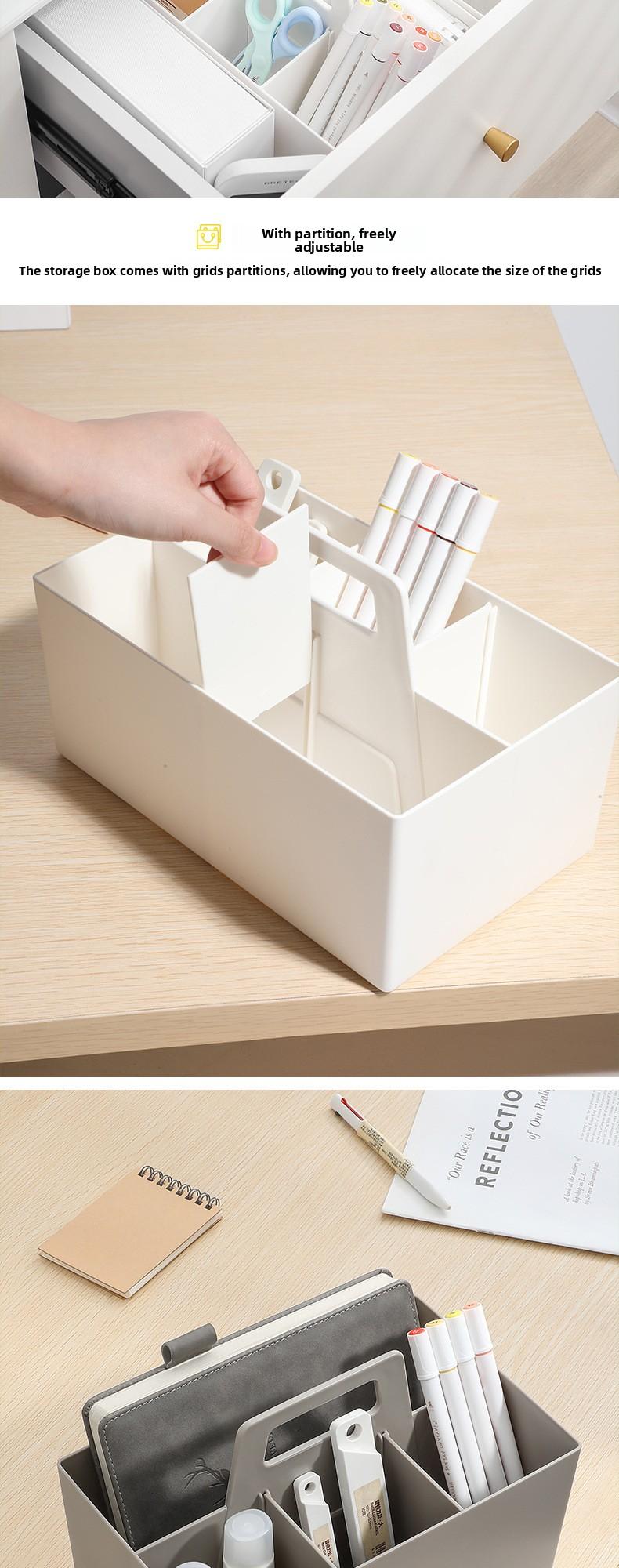 Desktop storage basket with handle, office supplies organizer, compartmented large-capacity stationery and miscellaneous small items storage box