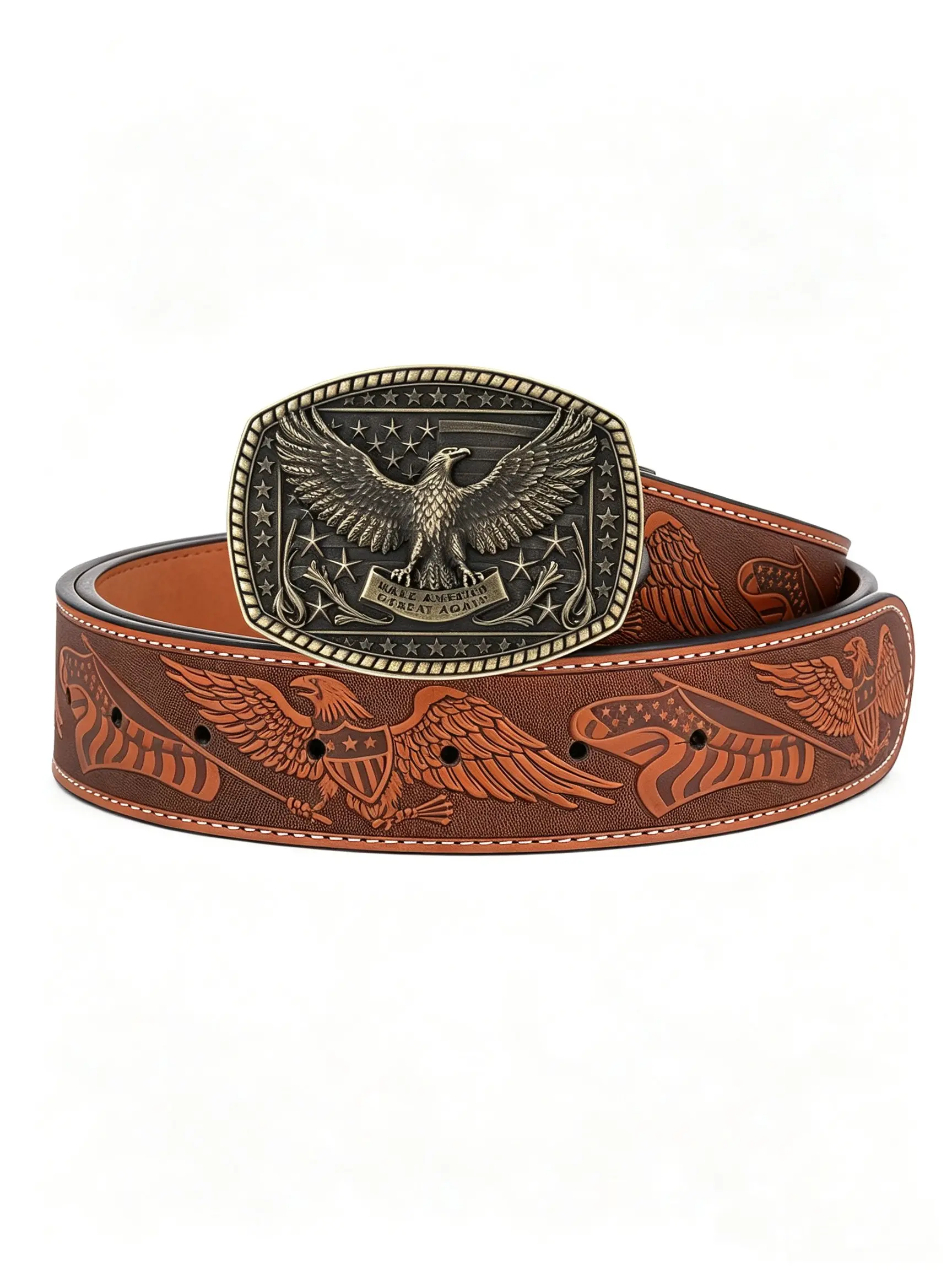 Men's Western Eagle Embossed Belt, Vintage Carved Flying Eagle Buckle, American Flag Pattern, Leather Cowboy Belt, All Seasons Street Style