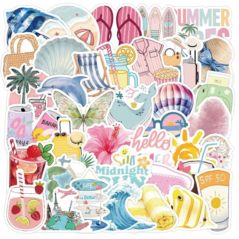 53 Pcs Summer Vacation Watercolor Stickers, Adhesive for Phone, Journal, Water Bottle, Laptop, Kindle, Scrapbook, Desk Accessories
