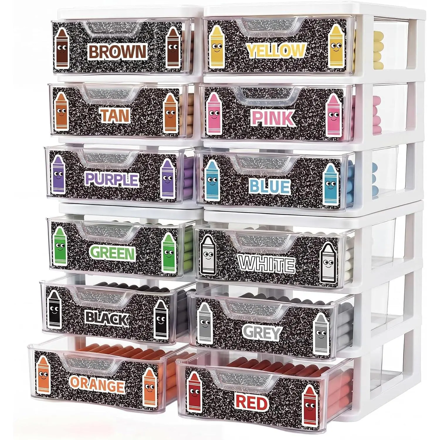 12 count/ 4 Pack Plastic Crayon Organizer for Classroom  to School Clear Crayon Storage Boxes for Marker Pen Art Craft Supplies Crayons Holder Drawer for Classroom Office Table with Labels