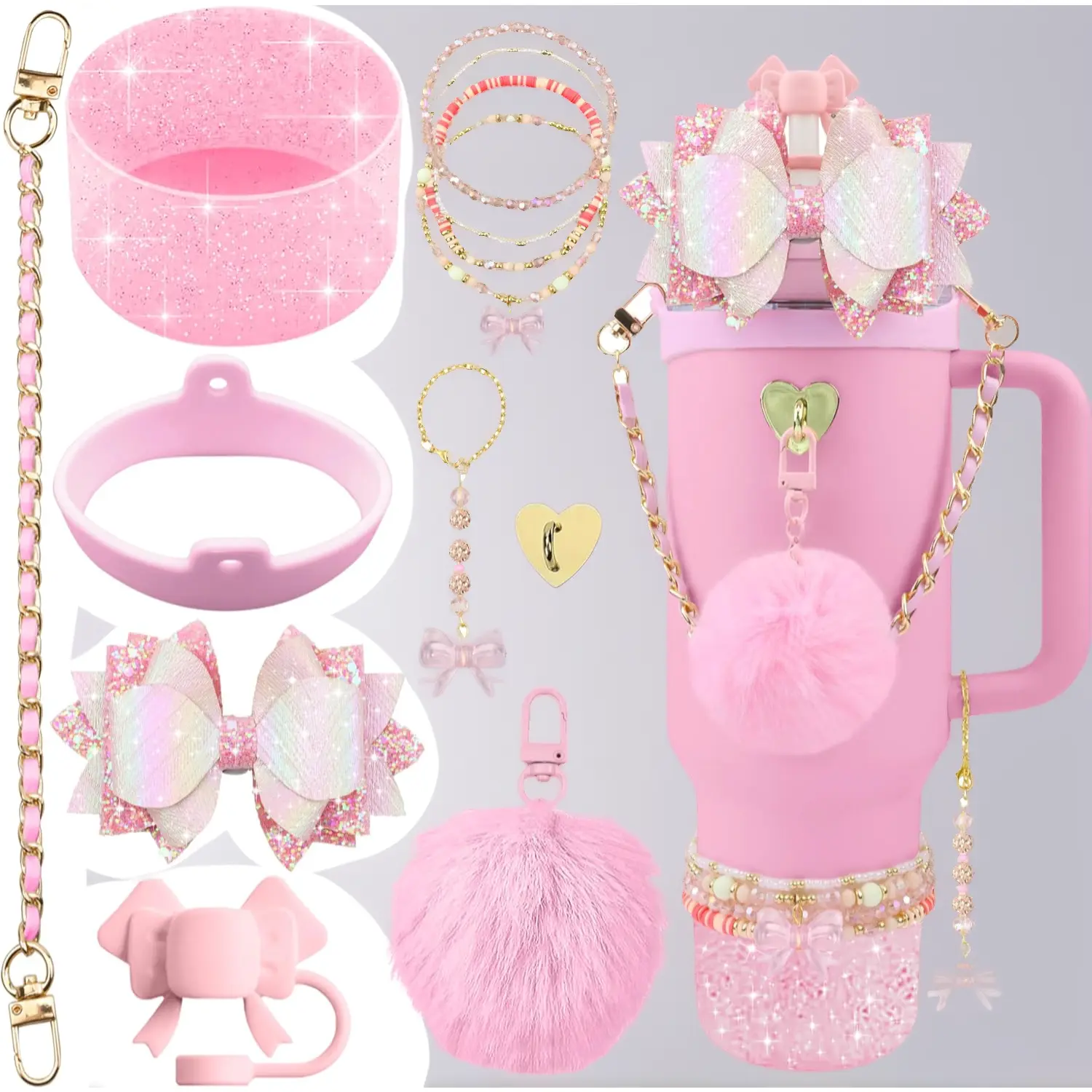 12PCS Accessories for Stanley Cup 40oz&30oz Tumbler Accessories including Silicone Cute Pink Bow Straw Topper Cover Silicone Boot Leather Bottle Handle Strap Bracelet Y2K Pink Charms