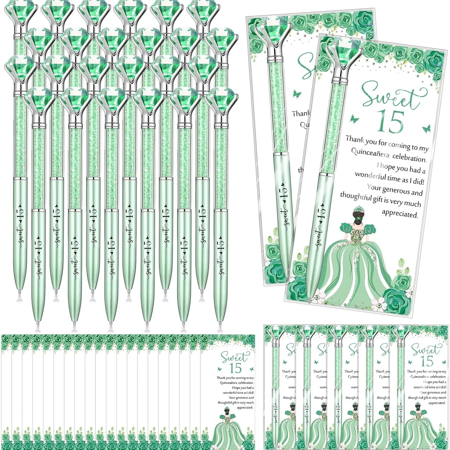 20 Sets Bling Finish Quinceanera Party Favor Diamond Pen Sets with Cards - Retractable Ballpoint Tip, Elegant Boxed Thank You Gifts for Guests, Staff Employee Appreciation Bulk Teacher Tribute Gifts