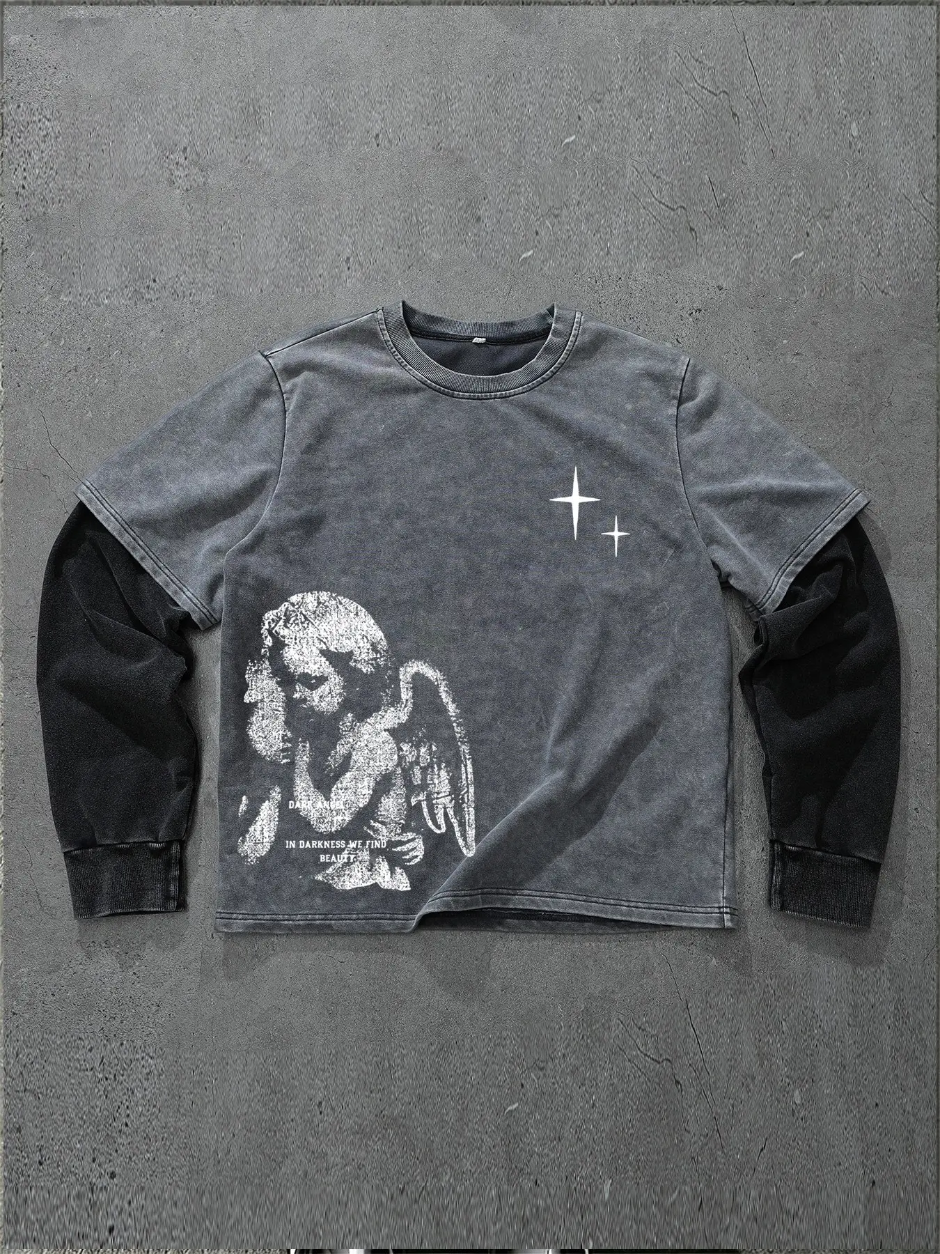 Men's Vintage Washed Black 2 in 1 Layered T Shirt, Dark Angel and Star Graphic, Contrast Gray Long Sleeves, Oversized Streetwear Top for Fall Winter#MensLongSleeveShirt #LayeredTShirt #TwoInOneTop #DarkAngelGraphic #AngelPrint#StarGraphic #WashedBlackTop