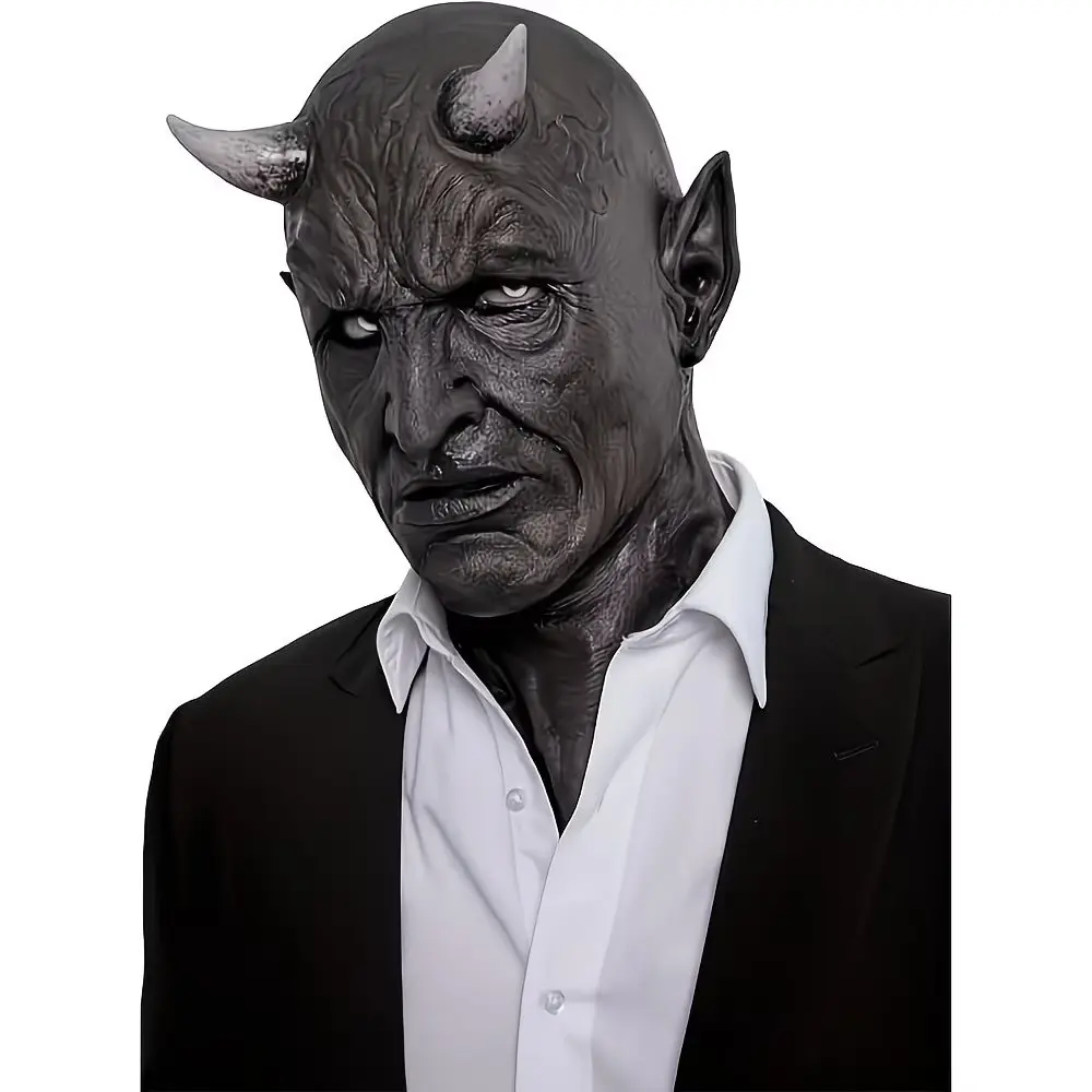 1Pc Black Devil Horn Full Face Latex Mask, Scary Cosplay Headgear For Haunted House Escape Room, Ideal Halloween Costume Gift, Hyper Realistic Mask