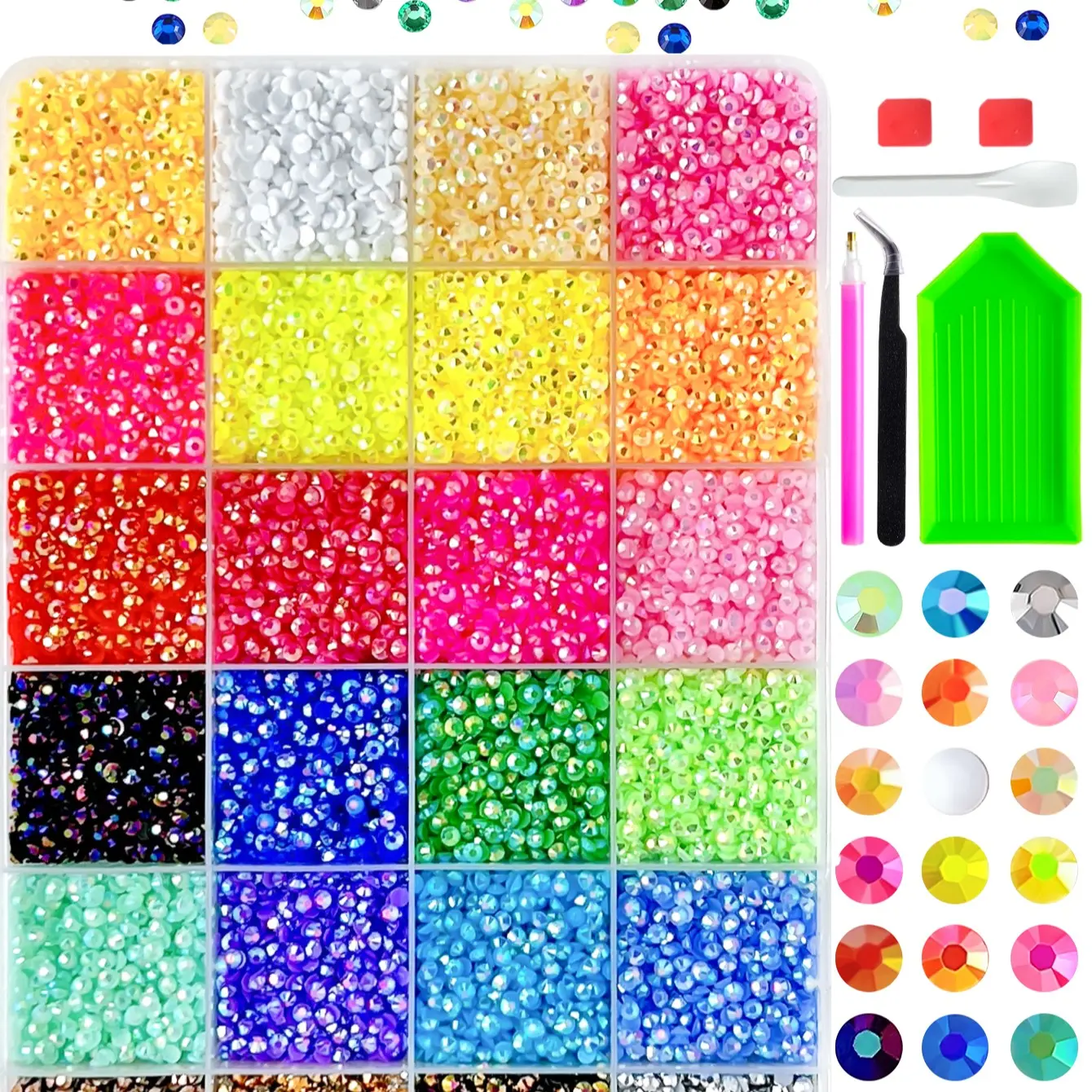 24 Grid Large Capacity Nail Art Kit, Colorful Rhinestones, Dotting Tool, Tweezers, Drill Tray, All-In-One Nail Art Set, Women's Christmas Birthday Gift，Nail Art Rhinestones / Flatback Crystals / Multi-Color / Pickup Tool