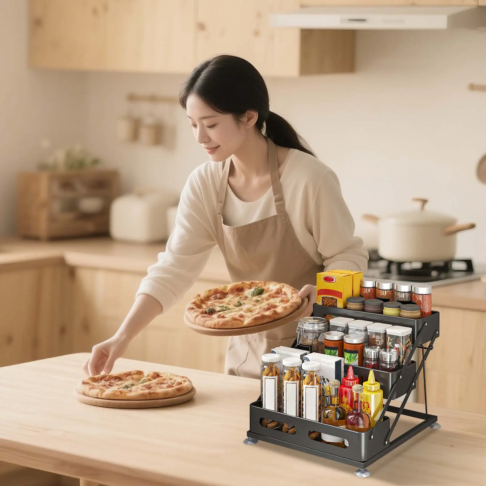 Garvee Space-Saving 3-Tier Adjustable Spice Rack Organizer - Collapsible Carbon Steel Stand with Non-Slip Feet & Suction Cups - Sturdy Freestanding Shelf for Cabinet, Countertop, Pantry - Holds Spice Jars & Bottles