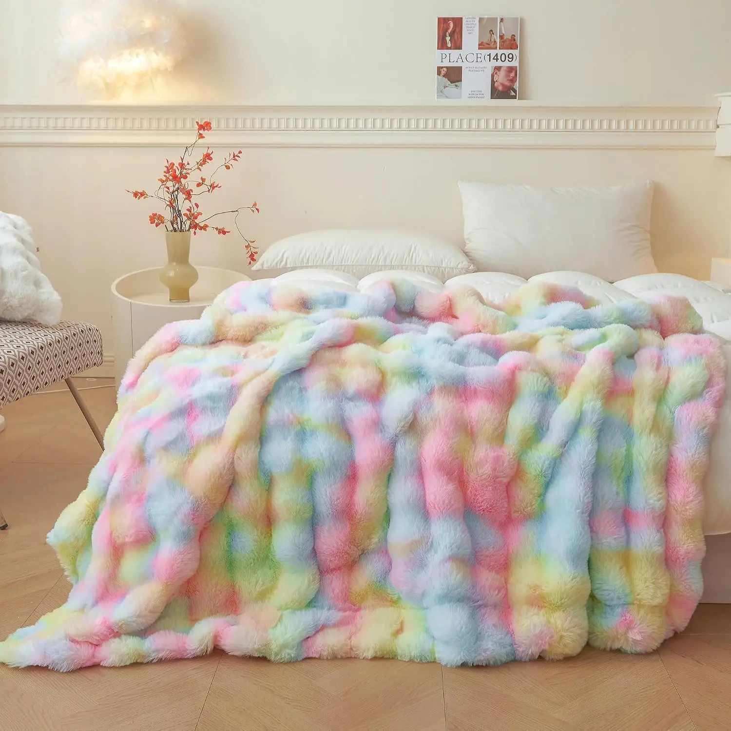 Faux   Bubble Throw, Rainbow Plush Shaggy Blanket for Couch Sofa Chair, Soft Cute Tie Dye Furry Blanket Adults  Girls, Fuzzy Throw for Bedroom Living Room, 50x60, Rainbow