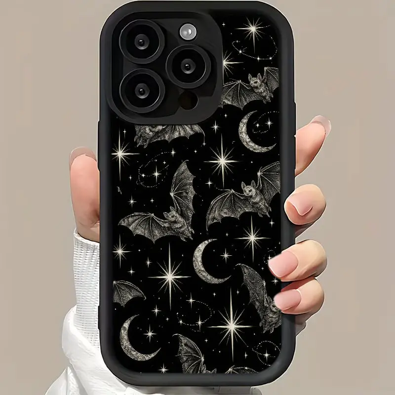 Vintage Bat Crescent Moon Star Night Repeat Phone Case,Monochrome Dark Gothic Halloween Witchy Style for iPhone 17 16 15 14 13 12 11 Pro Max,Spooky Season Dark Aesthetic Gift