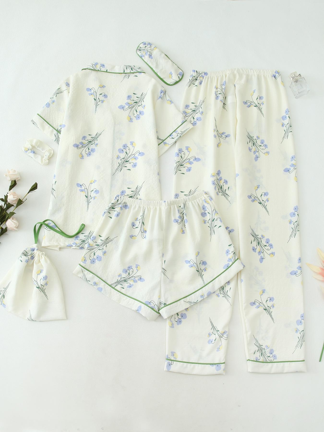 Women's Two-Piece Set All Over Cherry Print Contrast Binding Pyjama Set, Casual Elegant Lapel Pocket Shirt & Elastic Waist Pants & Shorts & Scrunchie & Eye Mask & Storage Bag, Women's Sleepwear for All Seasons, Matching, Womenswear, Pajama Set, Pajamas