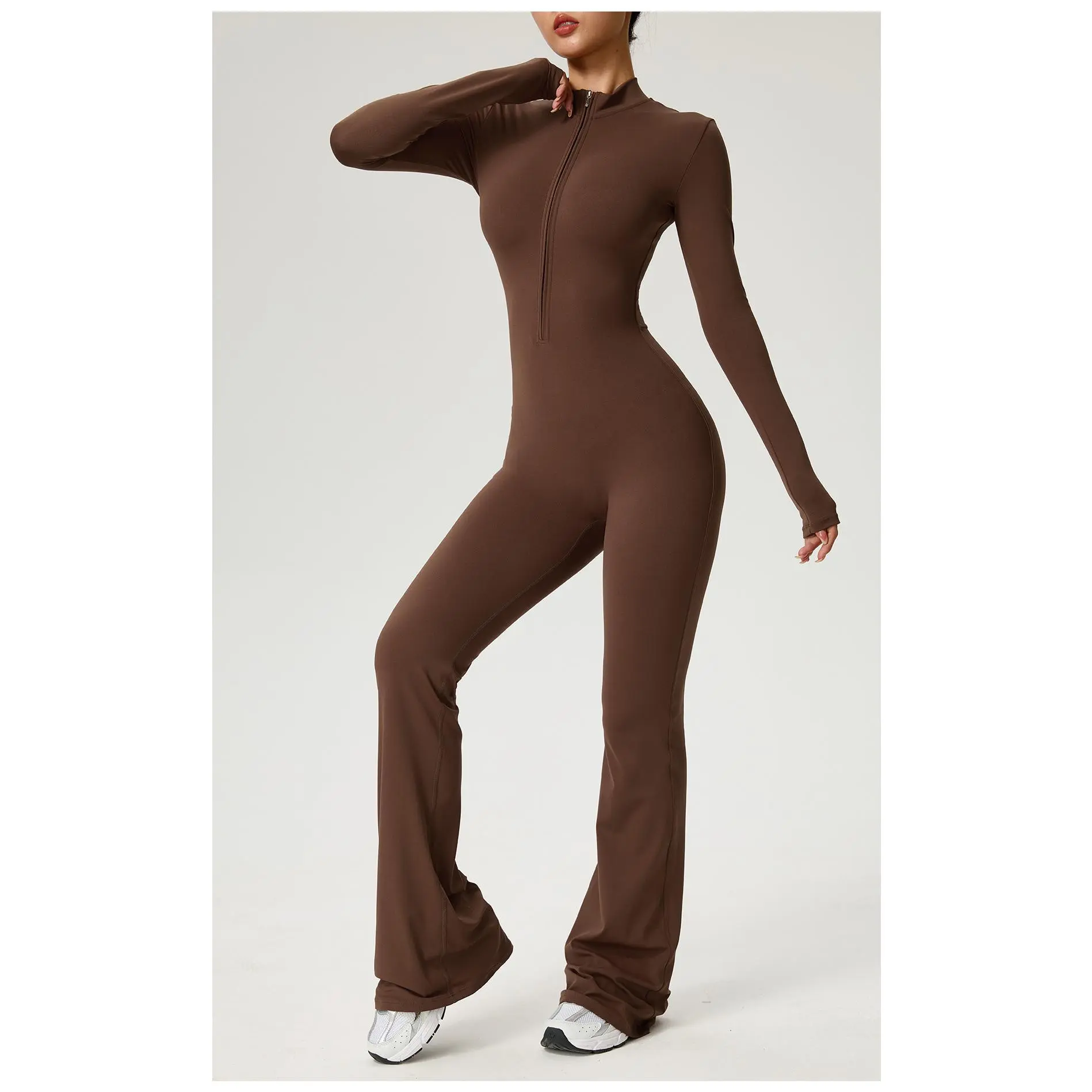 Women’s Half Zip Stand Collar Long Sleeve Athletic Jumpsuit, Buttery Soft Stretch Flare Leg One Piece Bodysuit, Breathable Full Length Workout Outfit for Gym Pilates Daily Athleisure