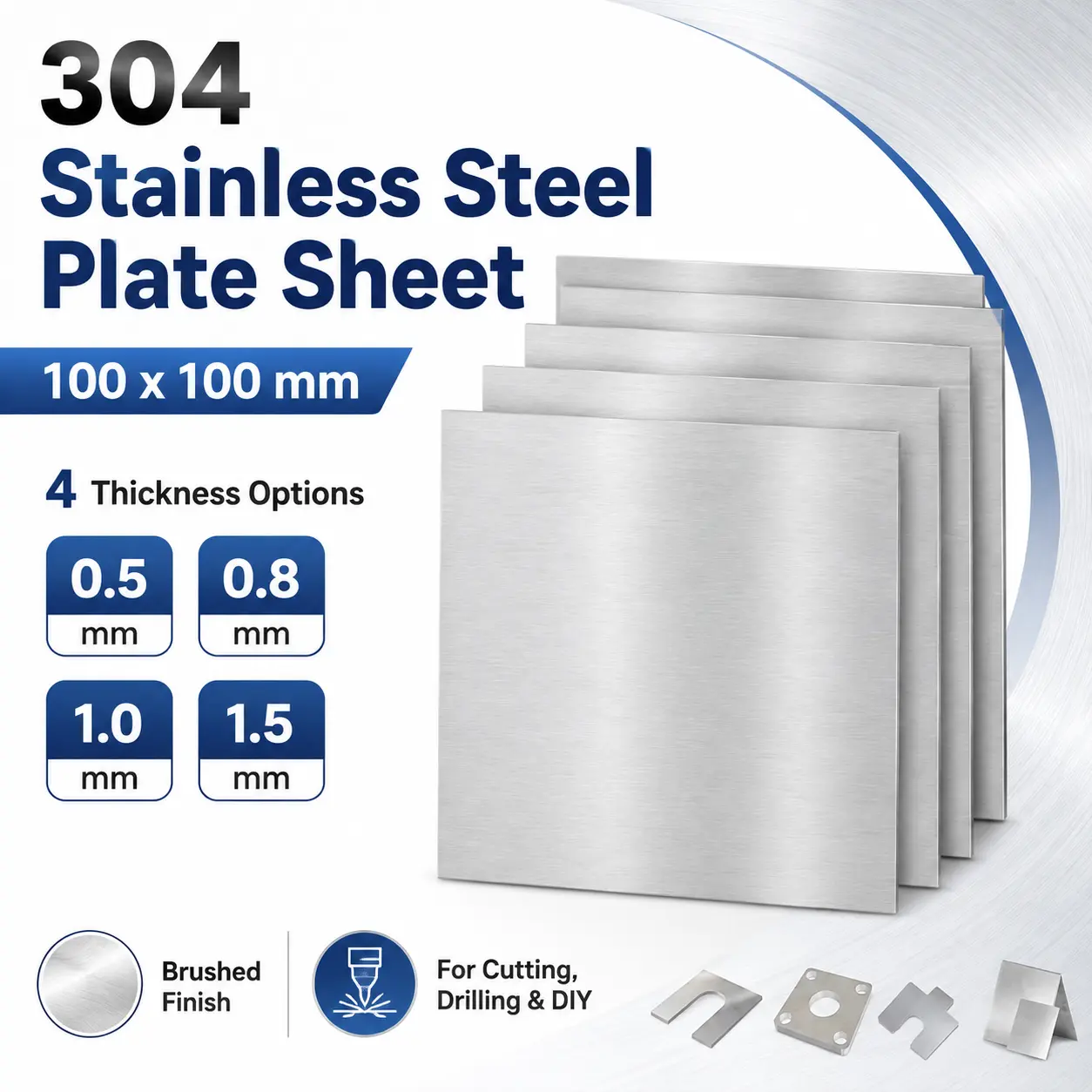 304 Anti-Rust Wear-Resistant Stainless Steel Square Plate (100x100mm) - Polished Finish Metal Sheet, Multi-Thickness Options (0.5/0.8/1/1.5mm), 3/5-Pack, US Stock Hand Tool Parts for DIY Craft Cutting/Welding