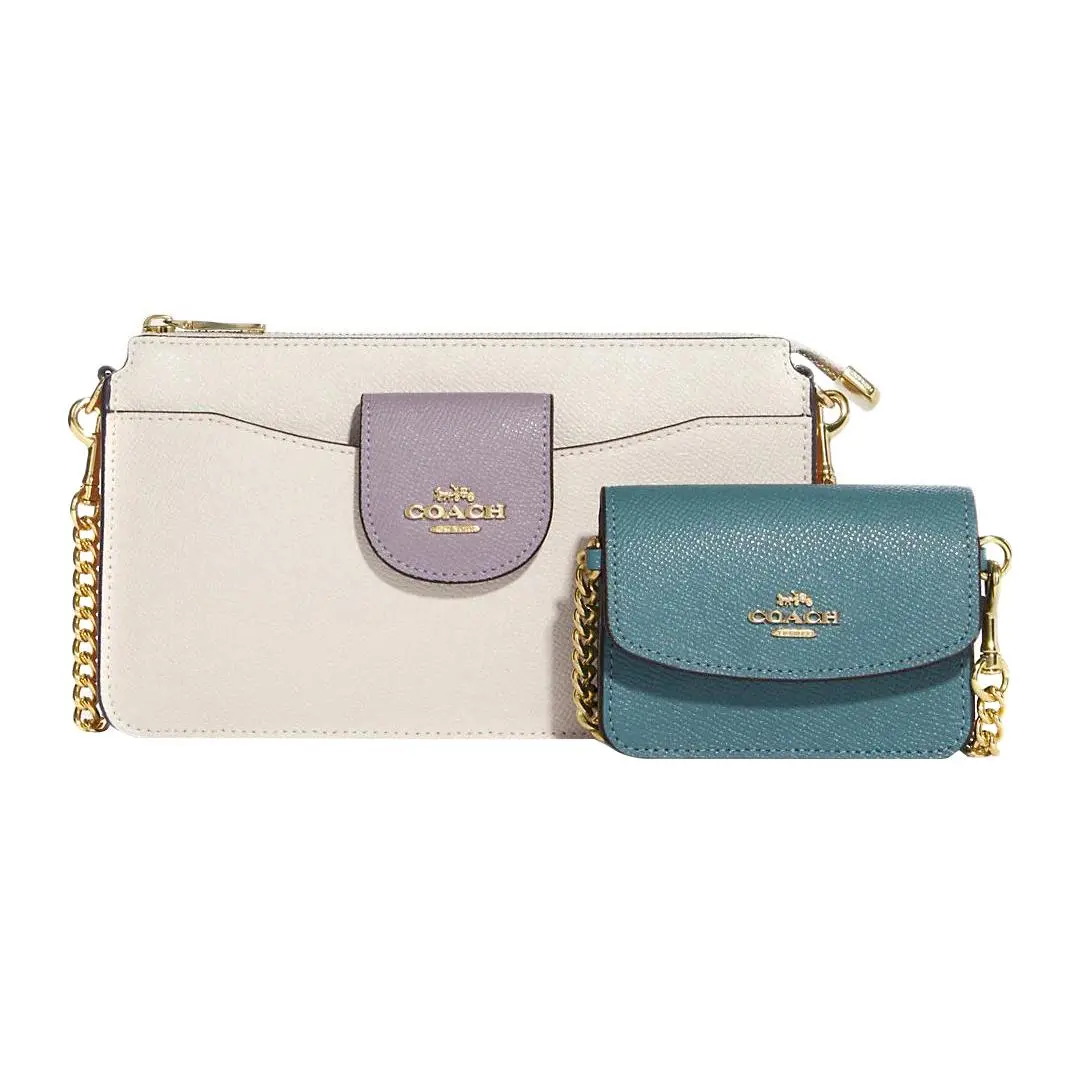 COACH Poppy 21 Crosshatch Leather Crossbody Bag for Women – Minimalist Two-Tone Zipper Closure with Snap Pocket, White, Purple & Teal