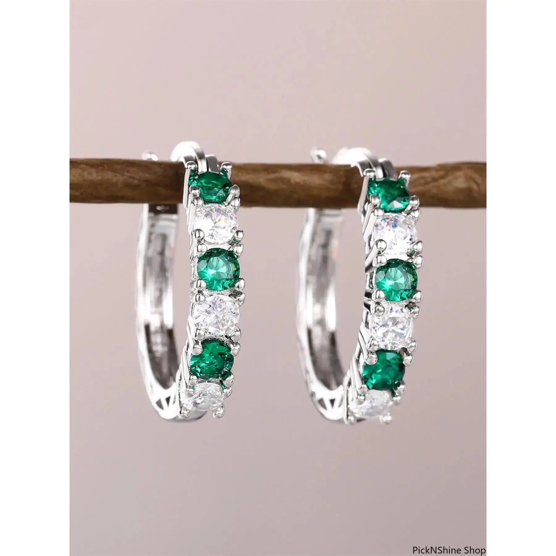 Huggie Hoop Earrings for Women, Silver-Tone Pavé with Round-Cut Green Emerald Synthetic Crystal, Sparkling Female Jewelry for a Wedding