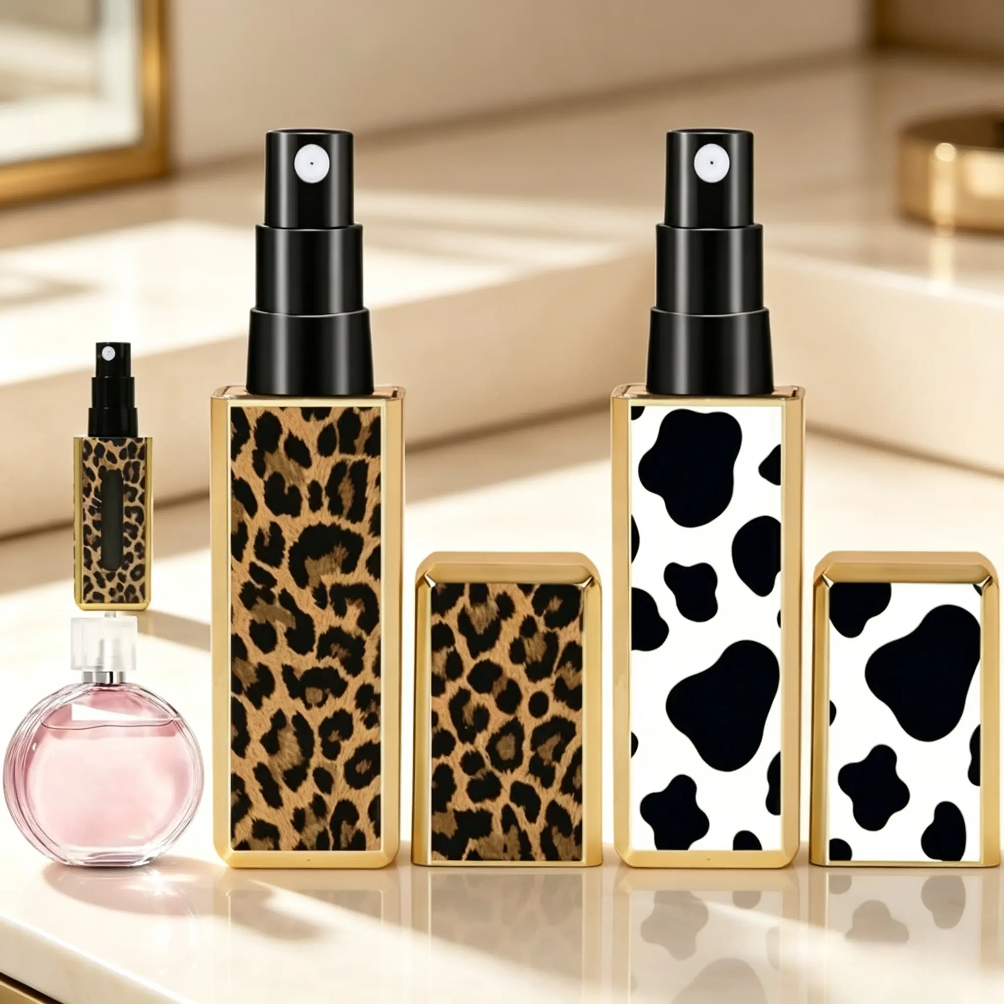 Reusable Empty Perfume Atomizer With Leopard Cow Print Surface Luxury Golden Frame Portable Travel Fragrance Bottle For On-The-Go Scent Touch Up