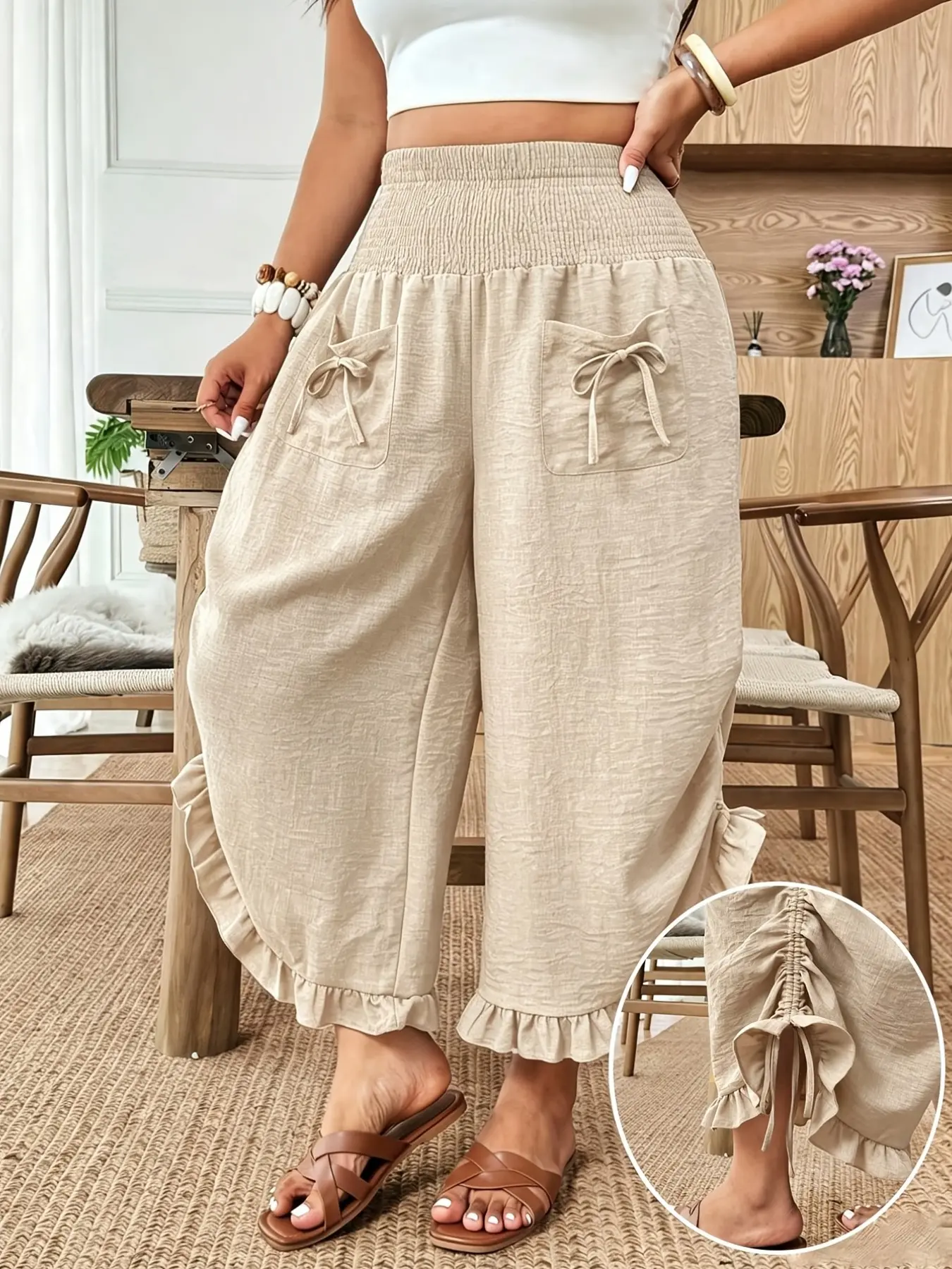 Plus Size Casual Solid Color Bow Detail Pocket Loose-Fit Trousers, Y2K Clothes, Summer Wear, Trendy Basic Bottoms, Comfortable & Relaxed Fit, Stylish Ruffle Trim Pants