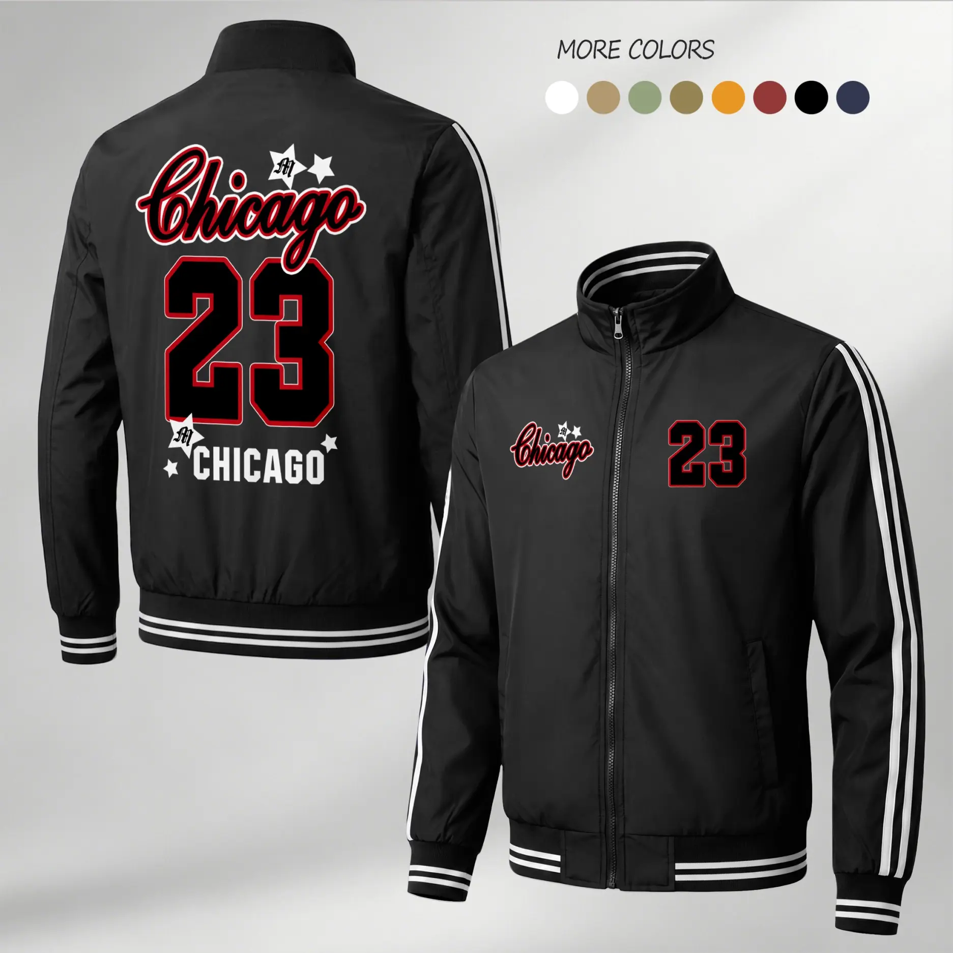 Men’s Chicago 23 Graphic Print Lightweight Bomber Coat - Menswear Tops with Ribbed Details, Striped Sleeves, Star Accent, Number 23 Back Design, Varsity Basketball Streetwear Urban Athletic Casual Style