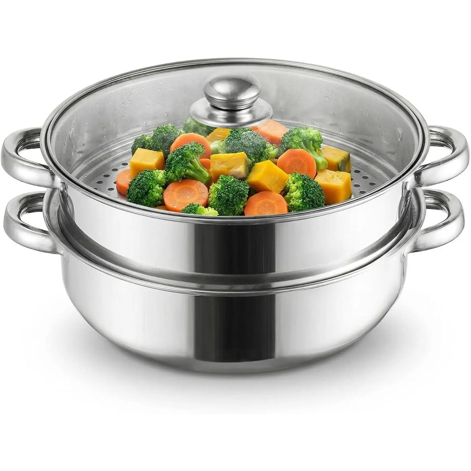 2 Tier Steamer Pot With Lid, Multipurpose Thickened Stainless Steel Steaming Pot With Handle For Vegetable Dumpling Food, 11 Inch