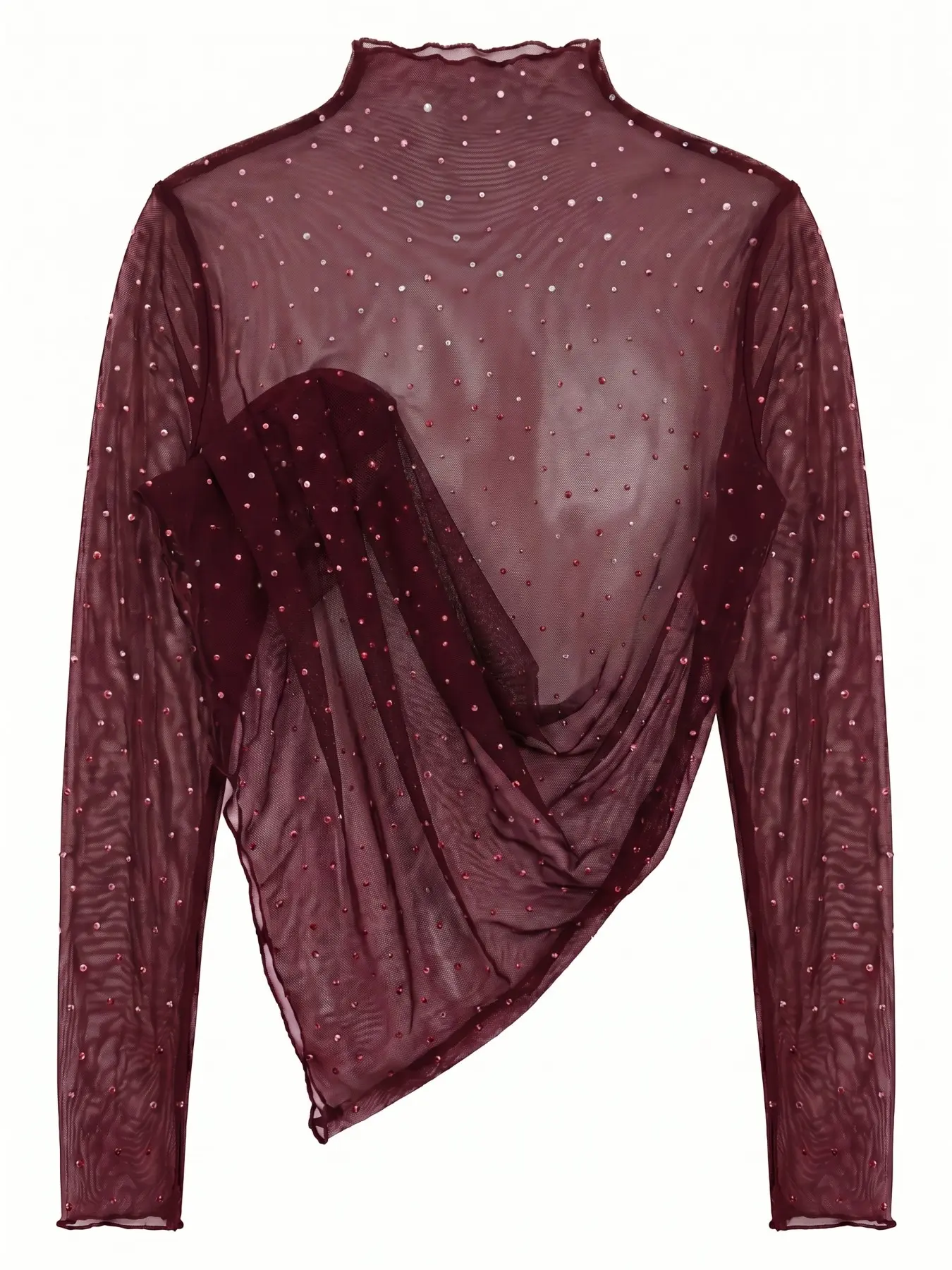 Shimmering Wave Neck Mesh Sheer Long Sleeve Top, Sexy Elegant Design, Perfect for Special Occasions, Enhance Your Style