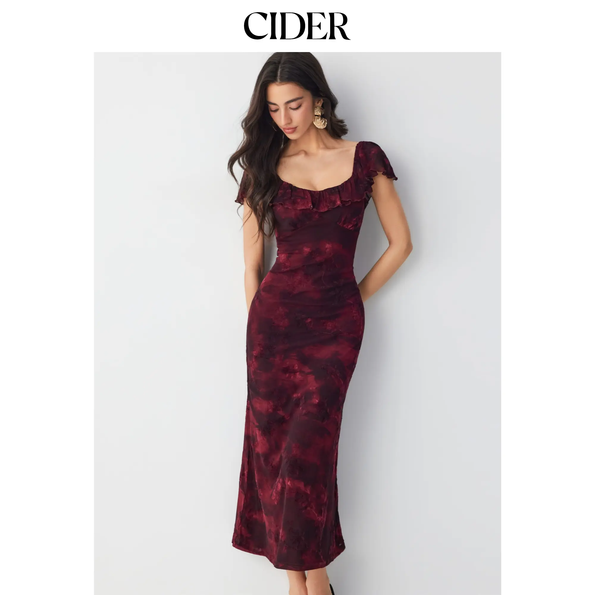 Cider Mesh Flocking Floral Graphic Square Neck Ruffled Mermaid Maxi Dress SohoChic