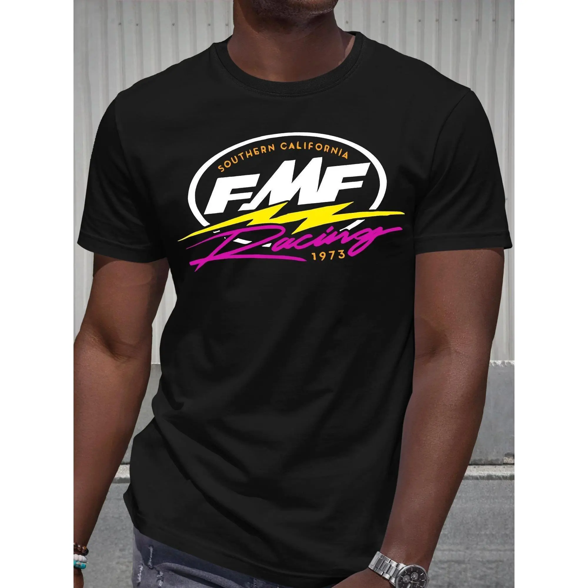 Men's FMF Racing Logo Pattern T-shirt, black short-sleeve T-shirt, suitable for casual everyday wear, stylish and trendy outfit, exquisite quality short-sleeve T-shirt, combed fabric, breathable and easy to match