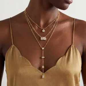 Women's Casual European American Layered Necklace Set - Light Luxury Y-Shaped Chain with Square Zircon, Paperclip Chain, Tassel Pendant - Female Niche Stylish Clavicle Jewelry for Daily All-Match Outfits