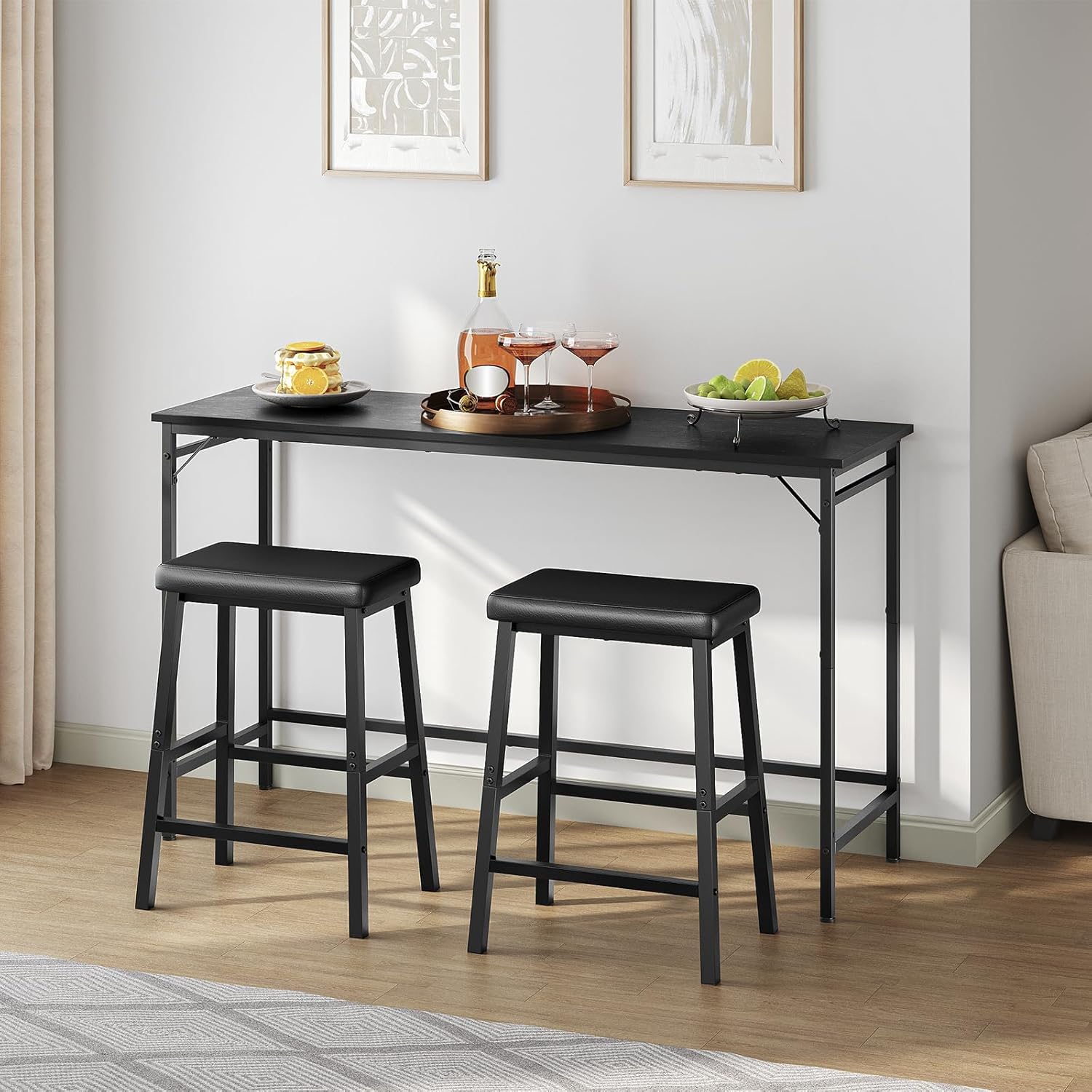 Bar Stools, 24" Set of 2 Bar Chairs, PU Leather Upholstered Breakfast Stools, Easy Assembly, Suitable for Kitchen, Bar, Dining Room, Black BB01MD01