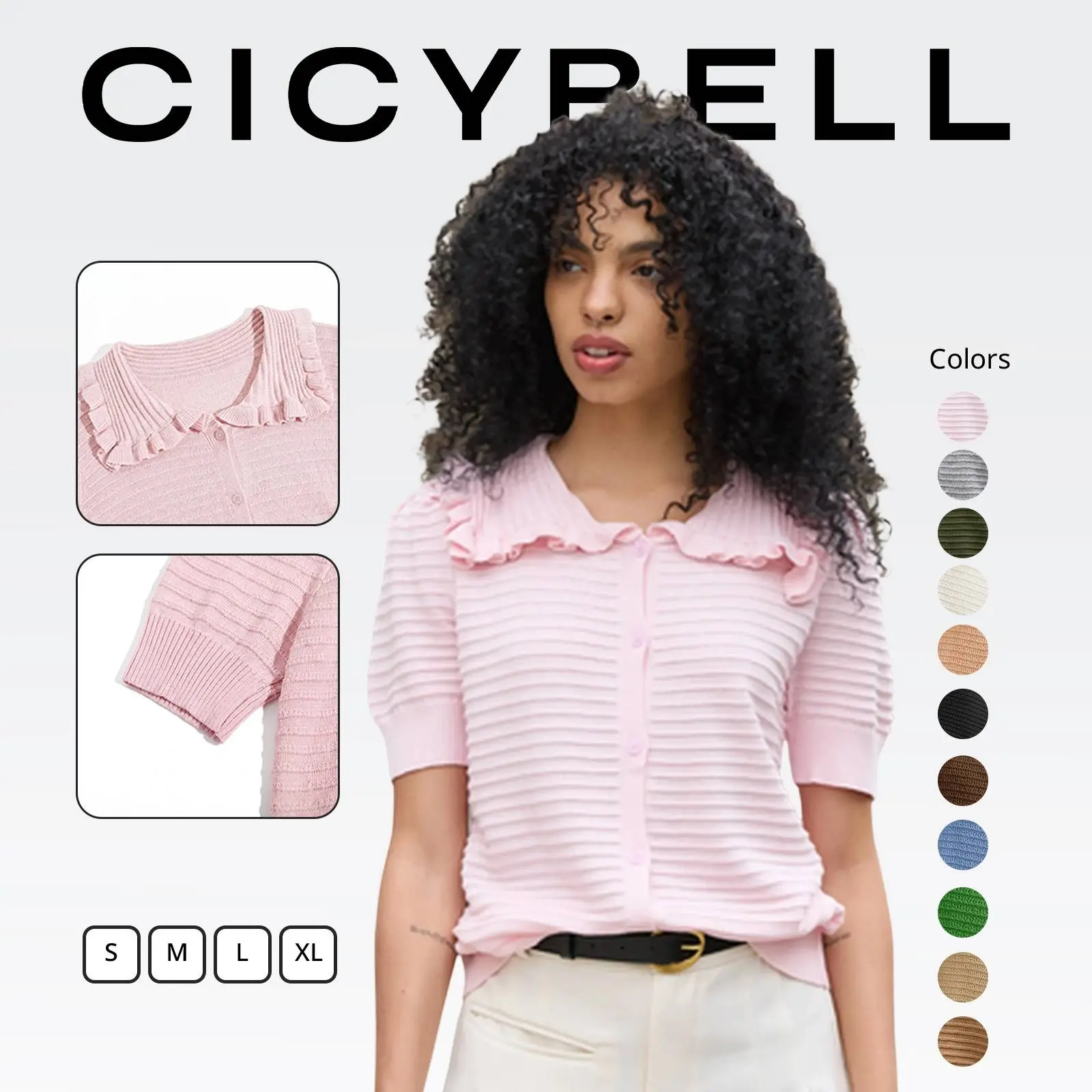 Cicy Bell Women's Minimalist Knitwear, Ruffle Puff Short-Sleeve Button-Up Eyelet Top with Ribbed Knit Peter Pan Collar, Casual Basic Cardigan