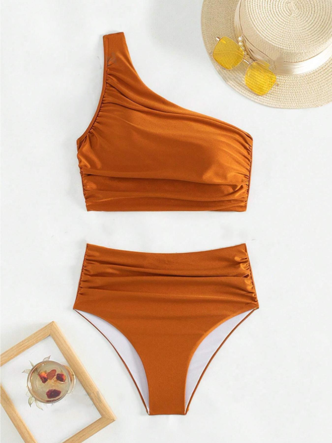 Ladies' pure-colored asymmetric-neck sleeveless pleated slim-fitting split swimsuit, Beachwear Swimsuit Set, Solid Ruched Swim Suits, with shiny fabric, 2026 new, suitable for vacation, gatherings, high-waisted, Beach Fashion Swimsuit, Bikini Beachwear