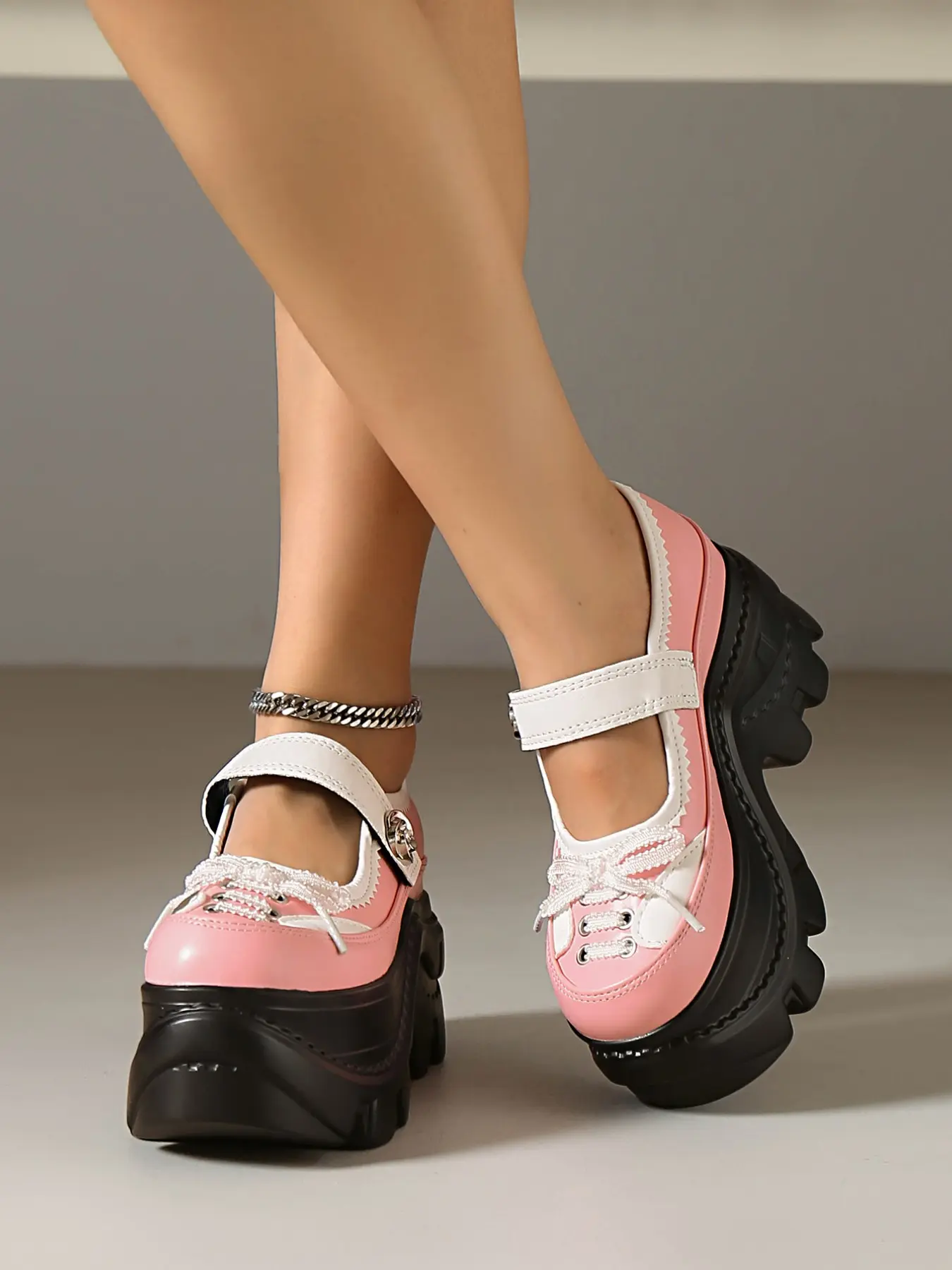 Women's Thick Sole Mary Jane Shoes, Colorblock Round Toe Buckle Bow Tie Single Shoe, Lolita Style, Casual, Street Party, Campus Fashion